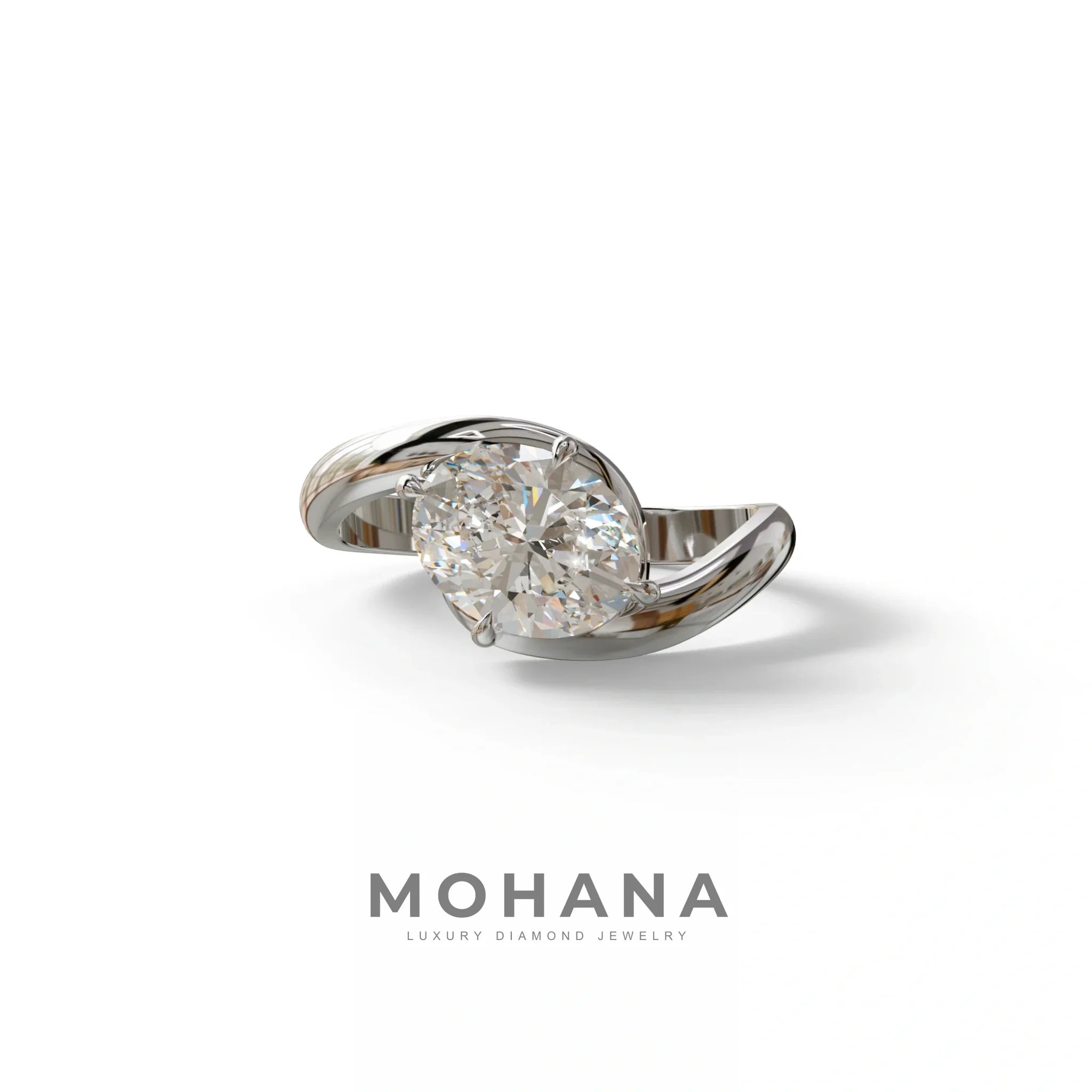 2 Carat E VVS Oval Cut Lab Grown Diamond Ring | Curve Setting - Estella - 10K Solid Gold / White Gold