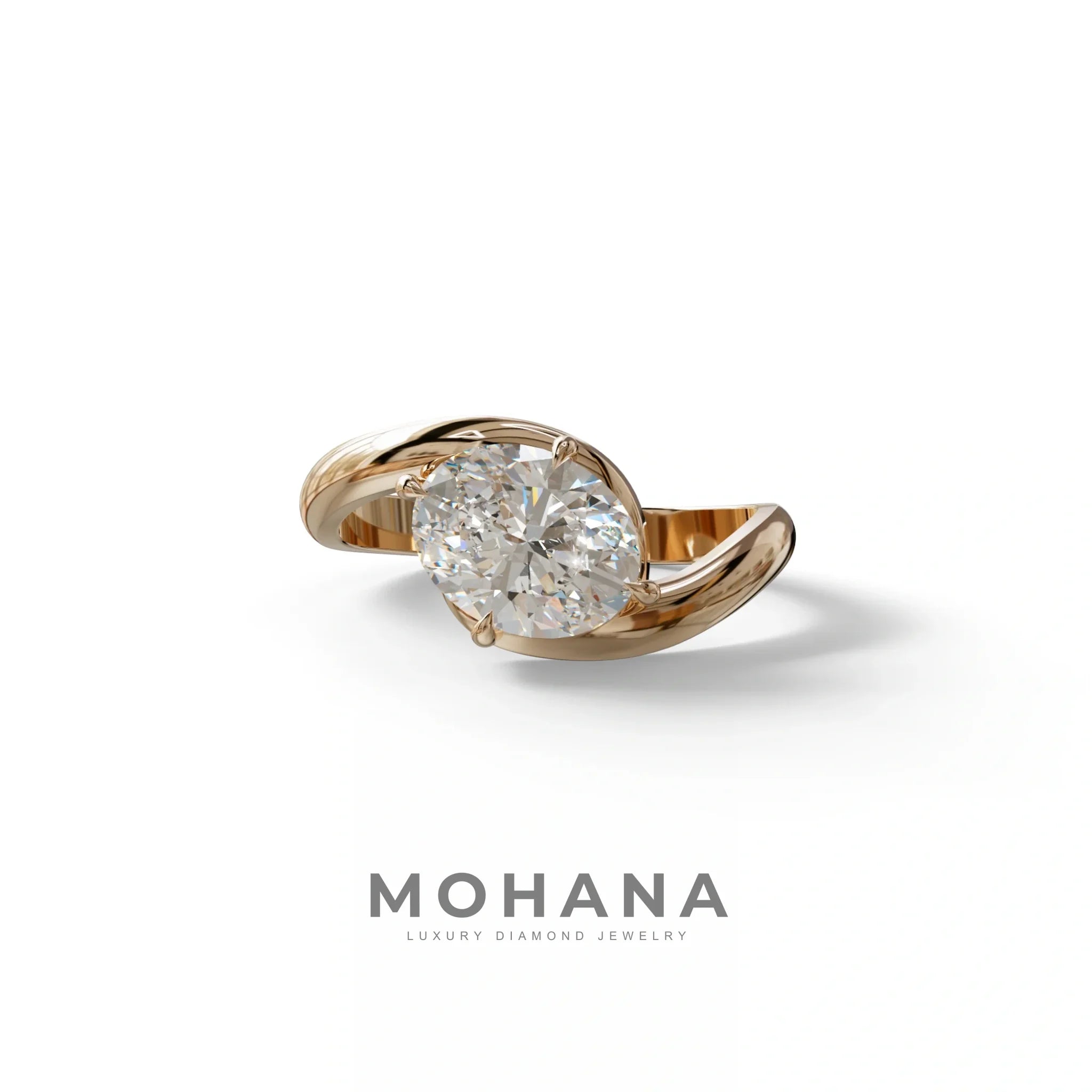 2 Carat E VVS Oval Cut Lab Grown Diamond Ring | Curve Setting - Estella - 10K Solid Gold / Rose Gold