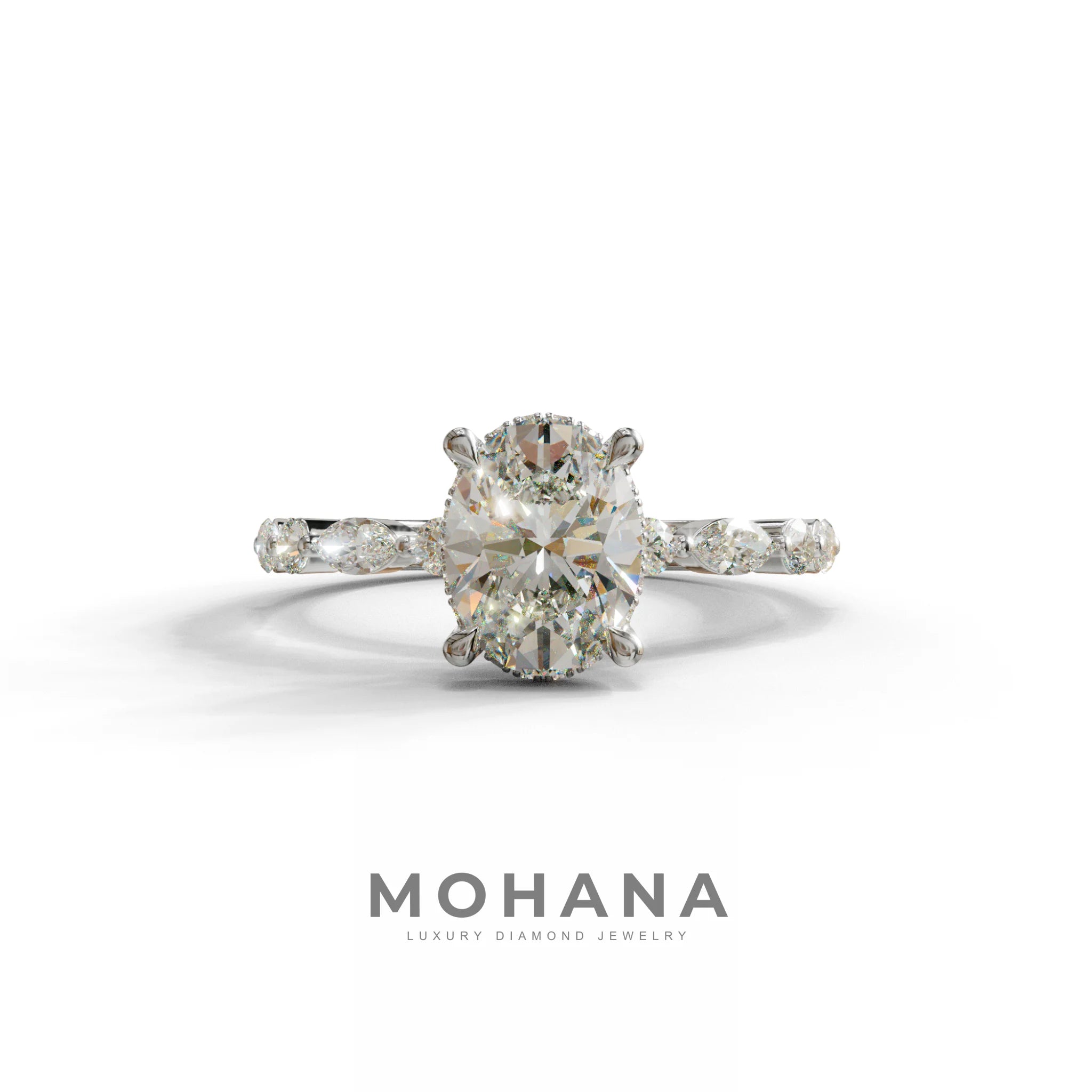 2 Carat E-VVS Oval Cut Hidden Halo & Pave Lab Diamond Ring - Laina - 10K Solid Gold / White Gold