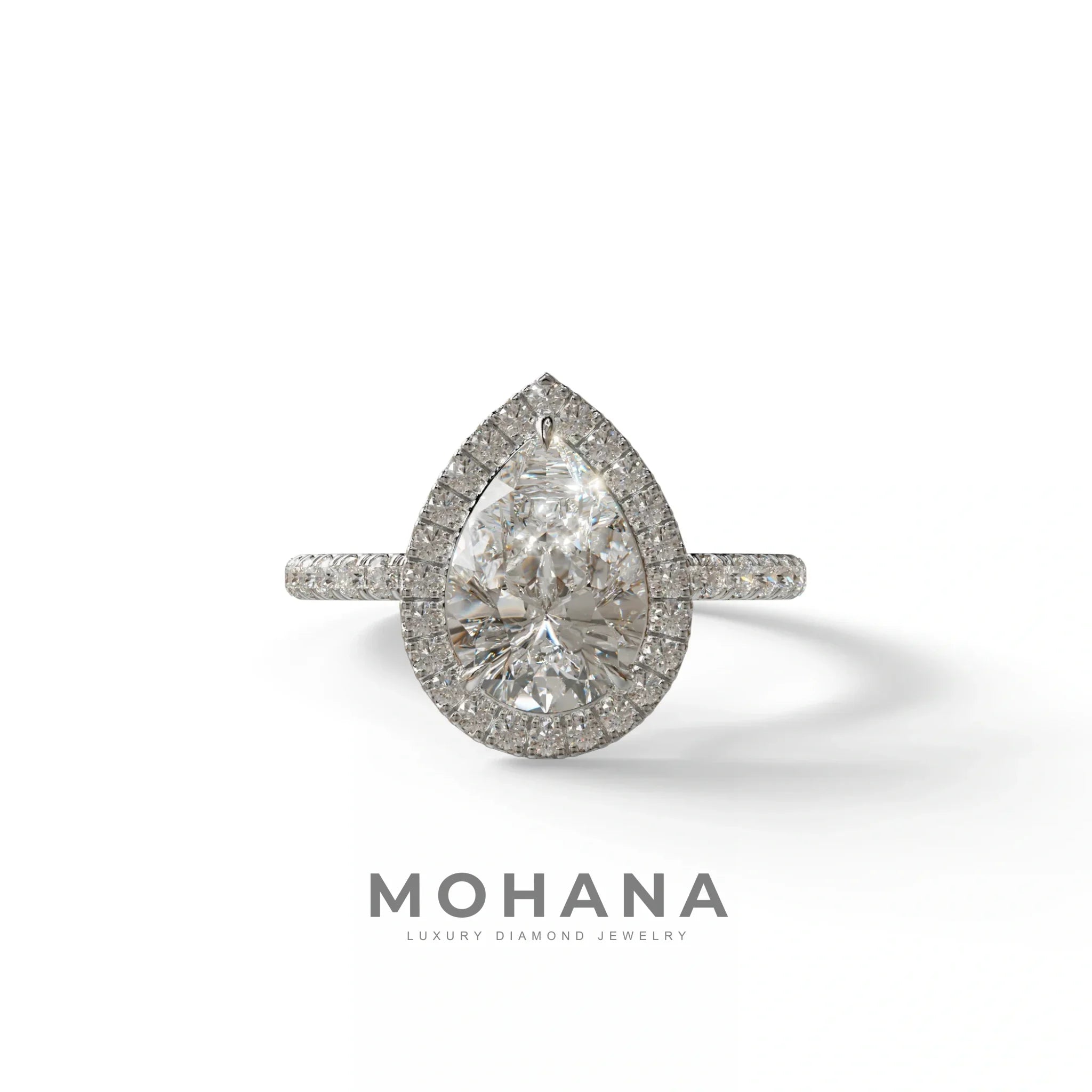 E VVS 2 Carat Pear Cut Halo & Pave Lab Diamond Ring - Glam Deck - 10K Solid Gold / White Gold