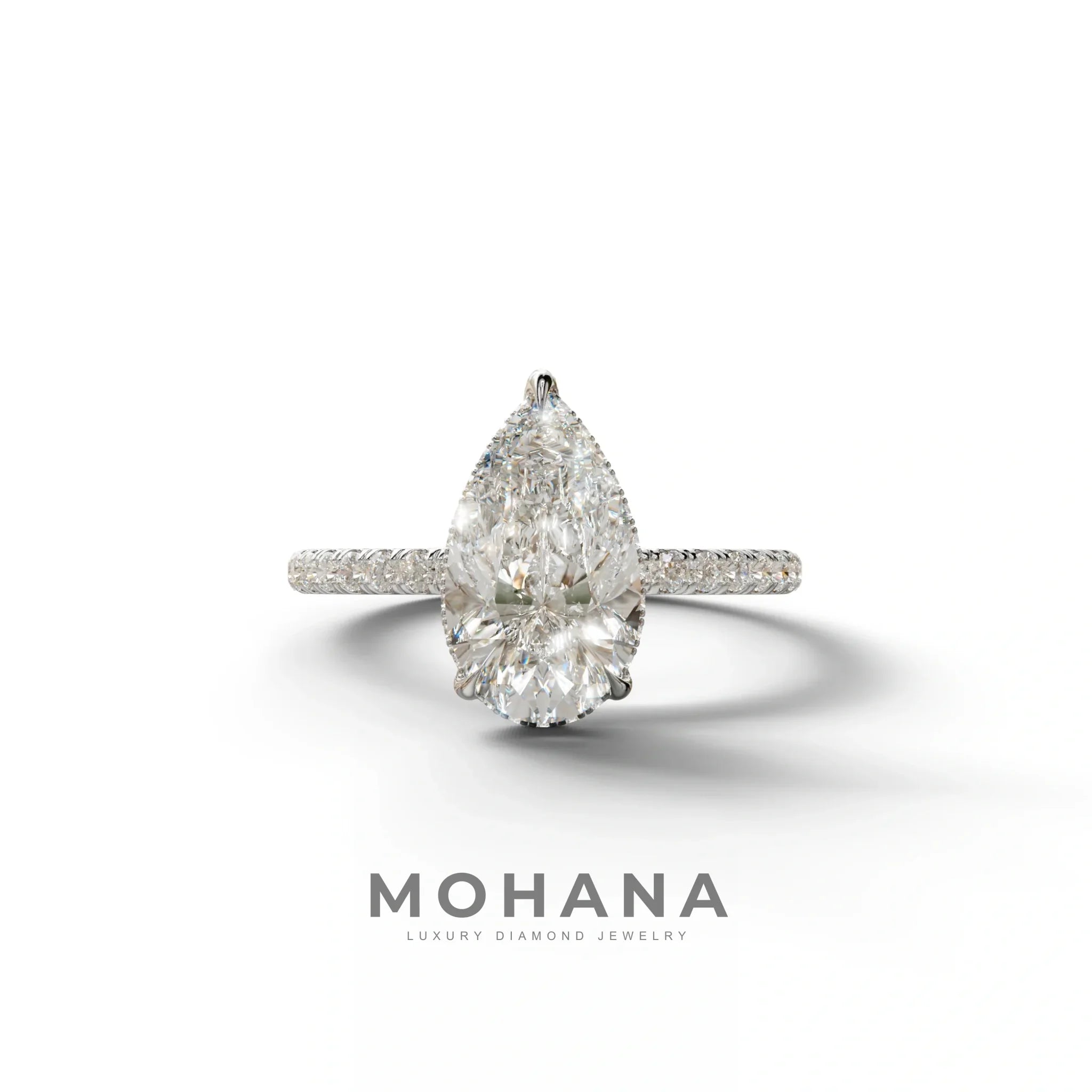 2 Carat E-VVS Pear Cut Hidden Halo & Pave Lab Diamond Ring - 10K Solid Gold / White Gold