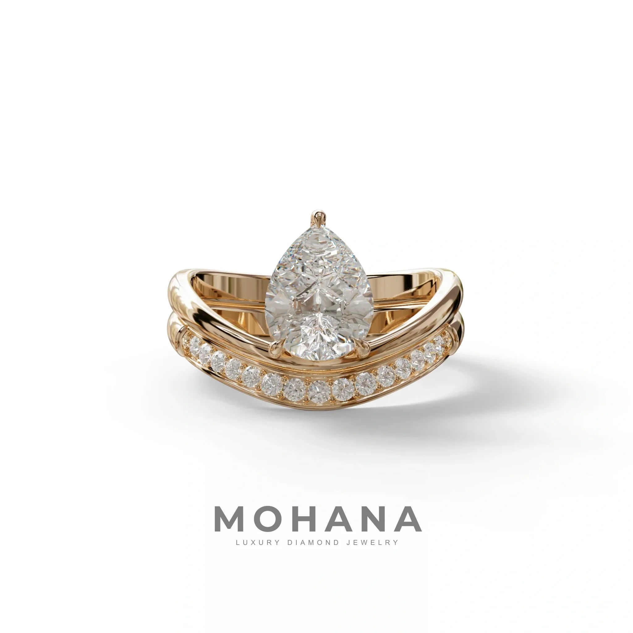 2 Carat Pear cut Curve Design Lab Diamond Wedding Ring set - Gemini - 10K Solid Gold / Rose Gold