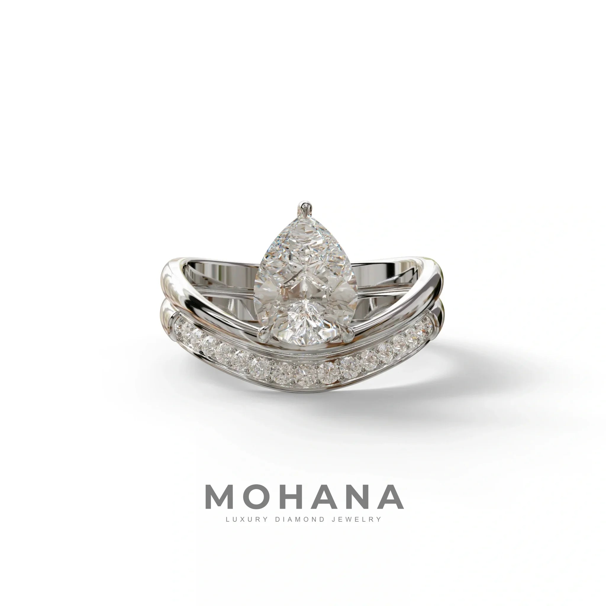 2 Carat Pear cut Curve Design Lab Diamond Wedding Ring set - Gemini - 10K Solid Gold / White Gold