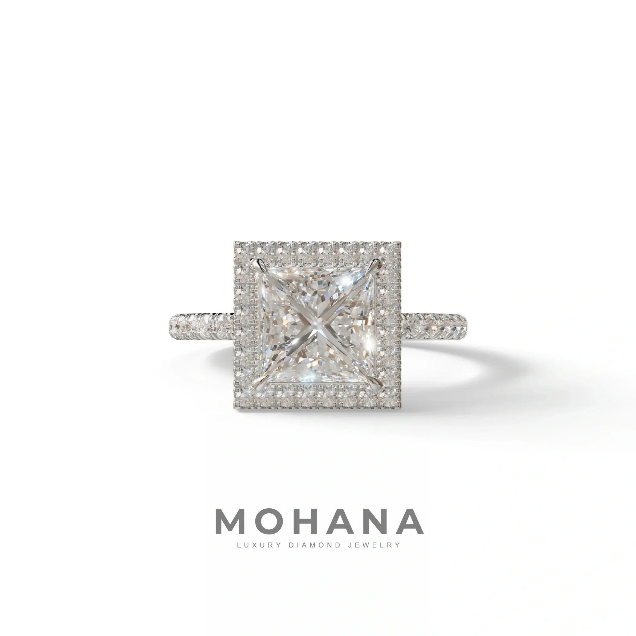 2 Carat E VVS Princess Cut Halo & Pave Lab Diamond Ring - Diamond Prime - 10K Solid Gold / White Gold