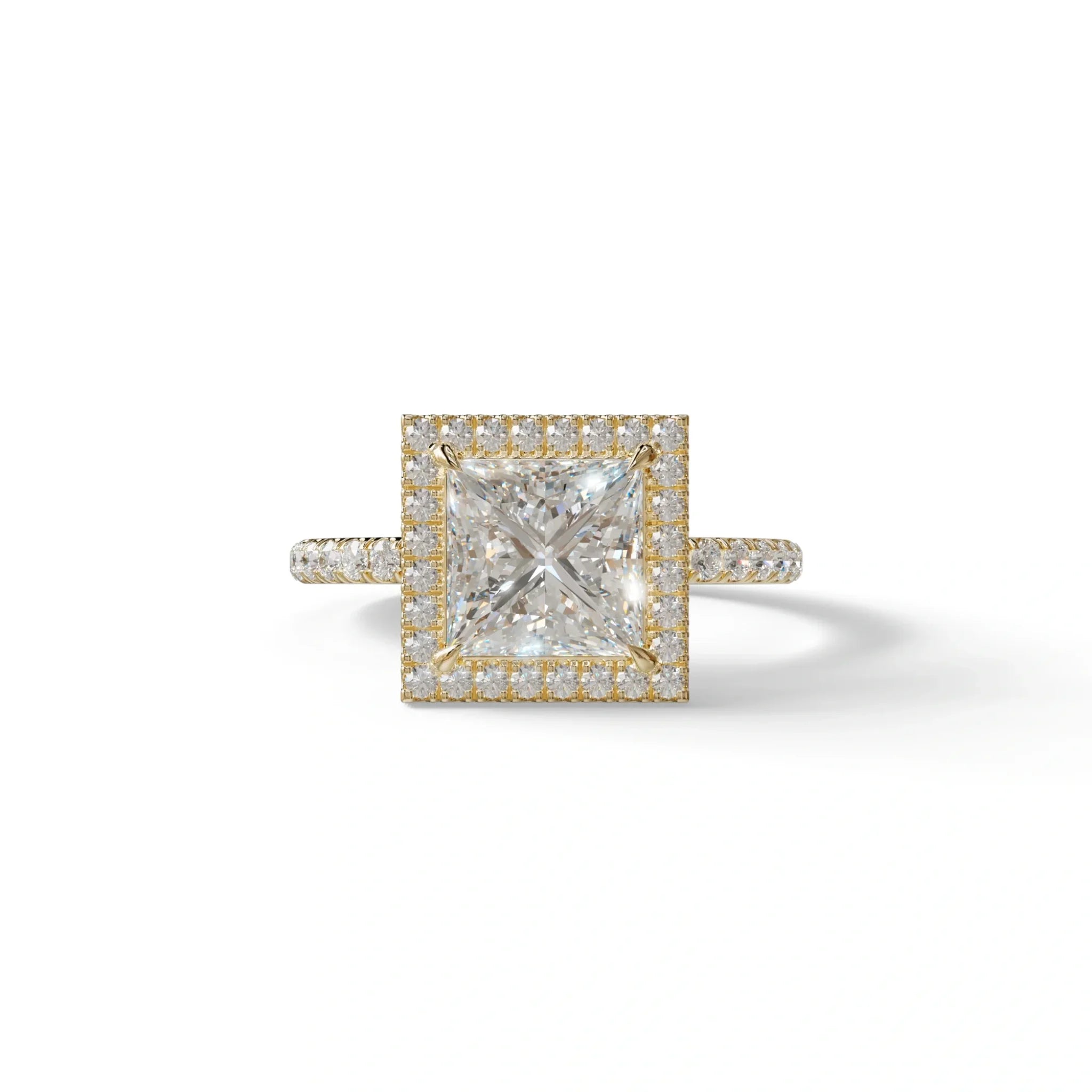 2 Carat E VVS Princess Cut Halo & Pave Lab Diamond Ring - Diamond Prime - 10K Solid Gold / Yellow Gold