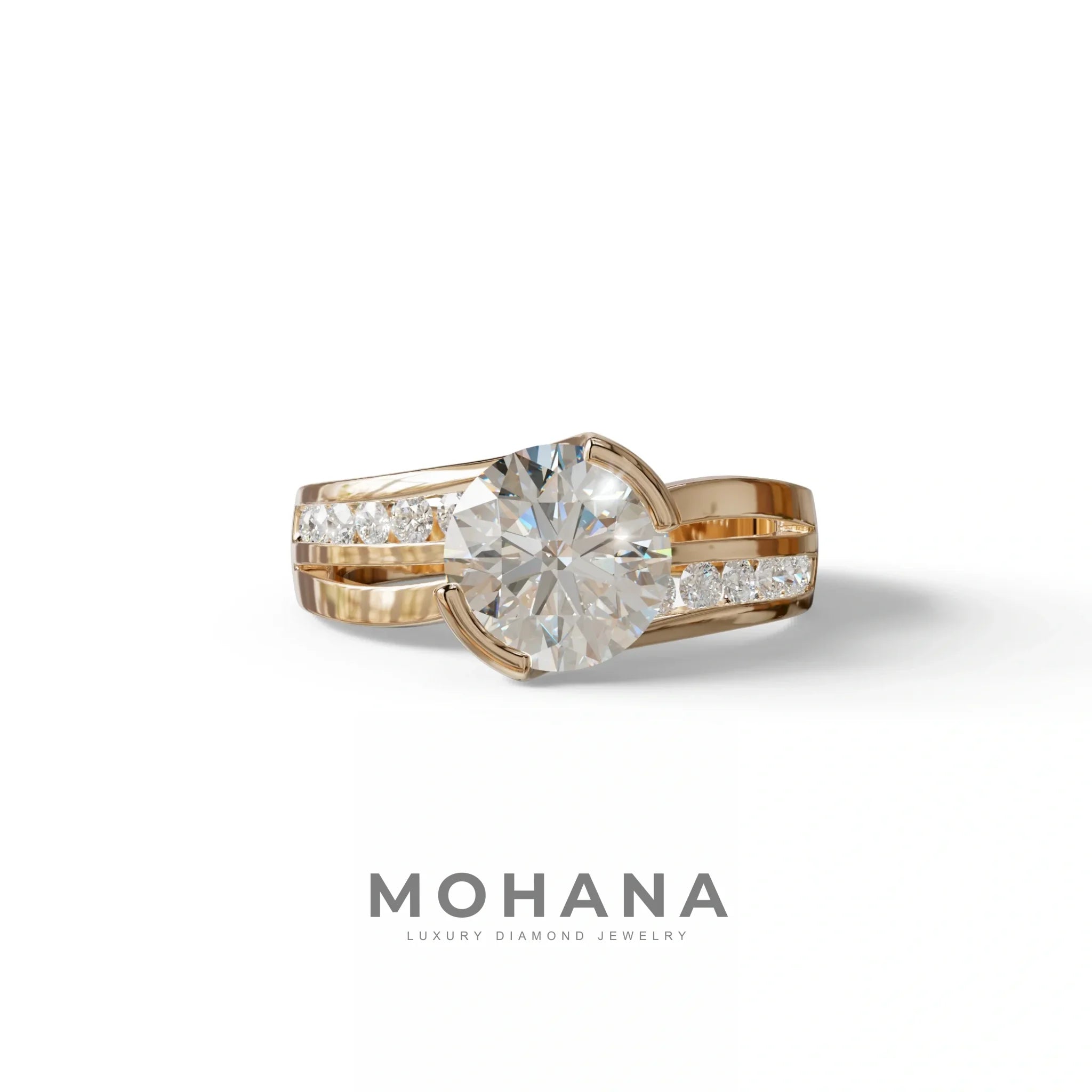 2 Carat E VVS Round Cut Lab Diamond Engagement Ring | Channel Setting - Avonlea - 10K Solid Gold / Rose Gold