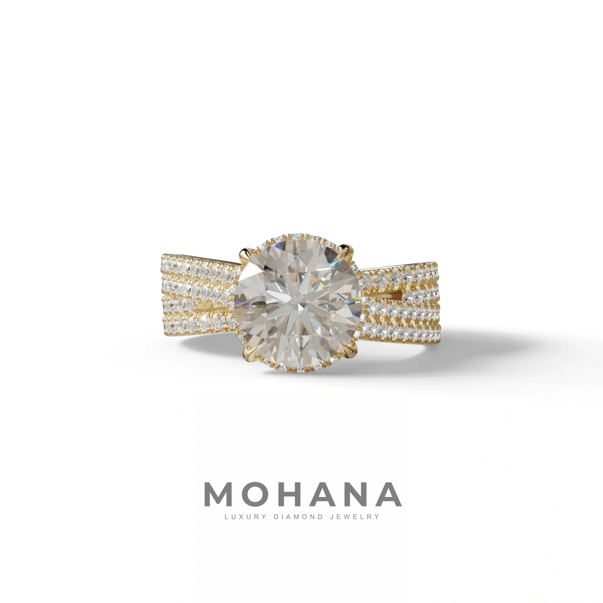 E VVS 2 Carat Round Cut Hidden Halo Lab & Pave Lab Diamond Ring - Je t’aime - 10K Solid Gold / Yellow Gold