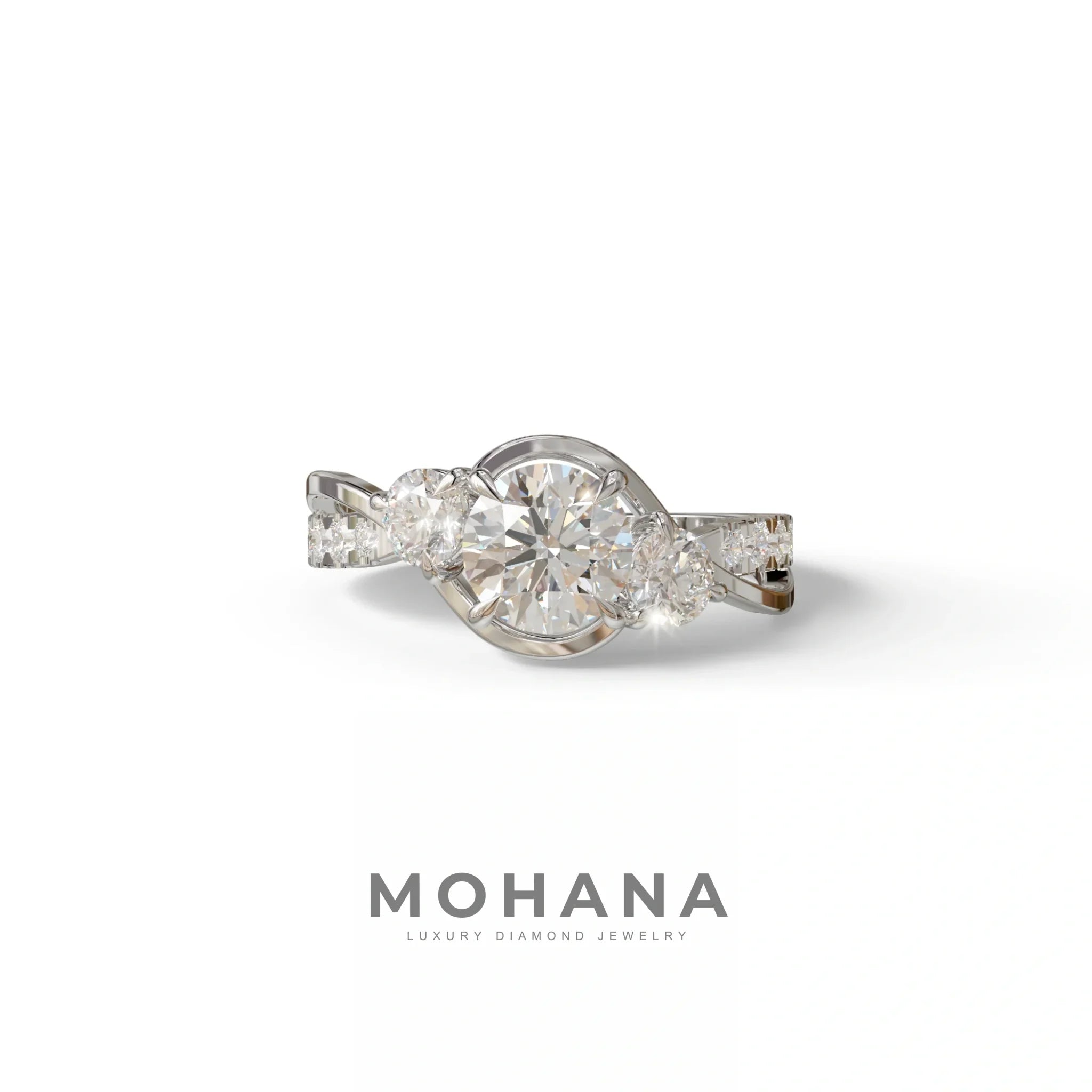 2 Carat Round cut Lab Grown Diamond Curved Engagement Ring - Giverny - 10K Solid Gold / White Gold
