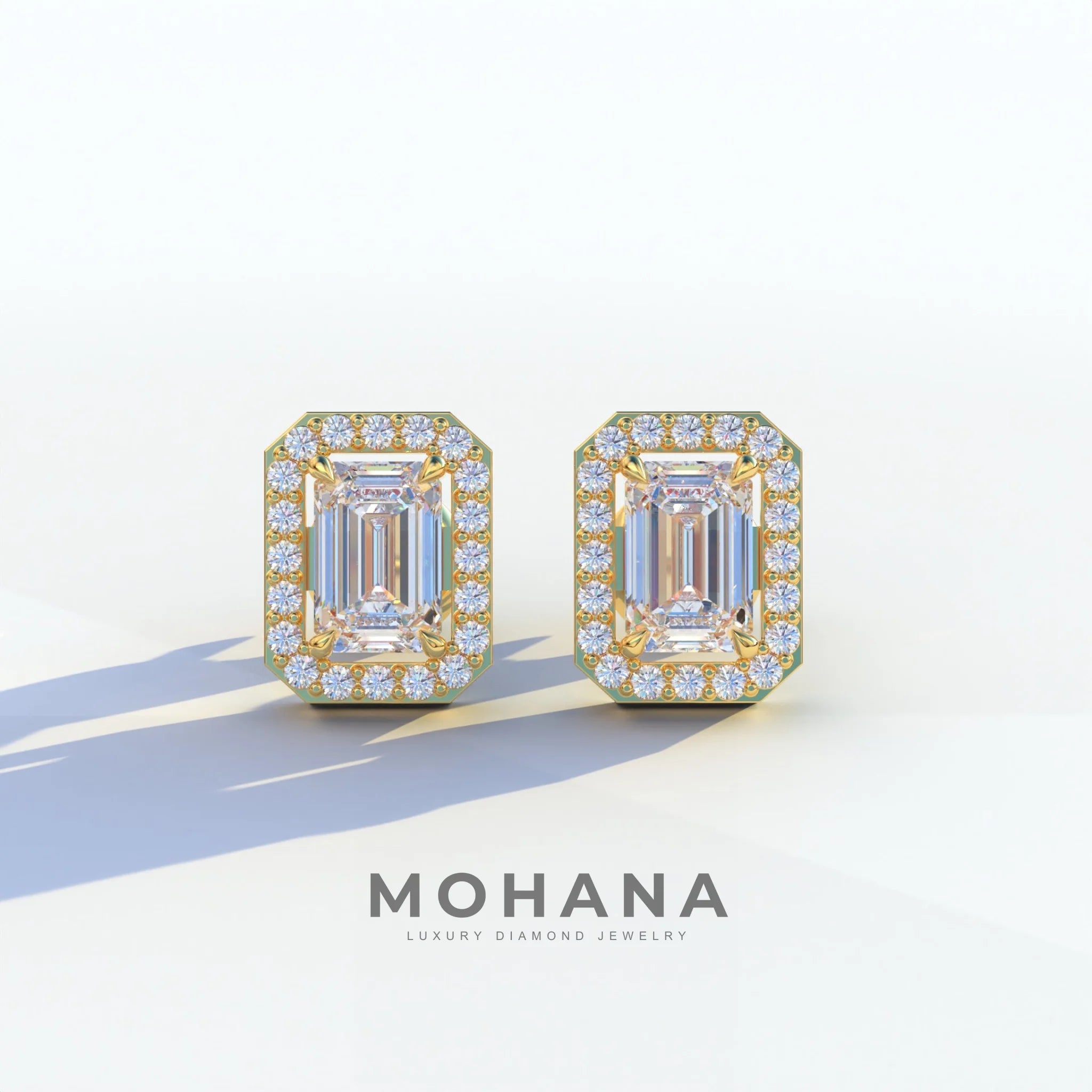 2 Carat Emerald Cut Halo Setting Lab Diamond Stud Earrings - Hailey - 10K Solid Gold / Yellow Gold