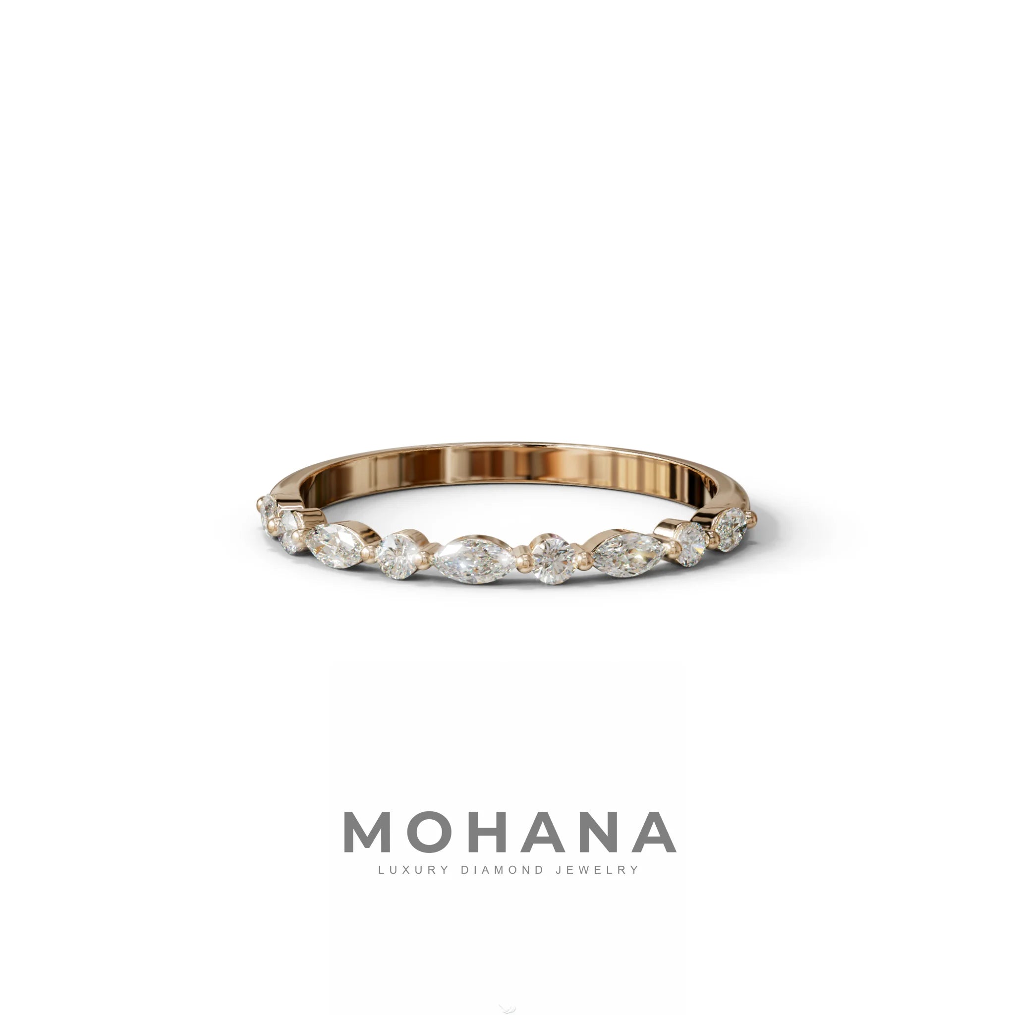 E/VVS Round & Marquise Lab Grown Diamond Wedding Band - 10 Stone Ring - 10K Solid Gold / Rose Gold