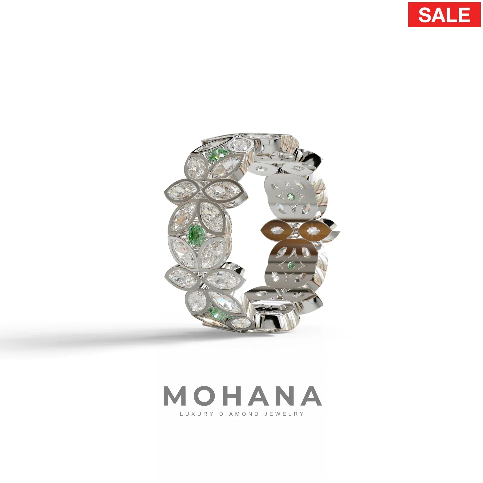 18K Gold Floral Eternity Band: Marquise Diamond & Round Diamond Full Eternity Band