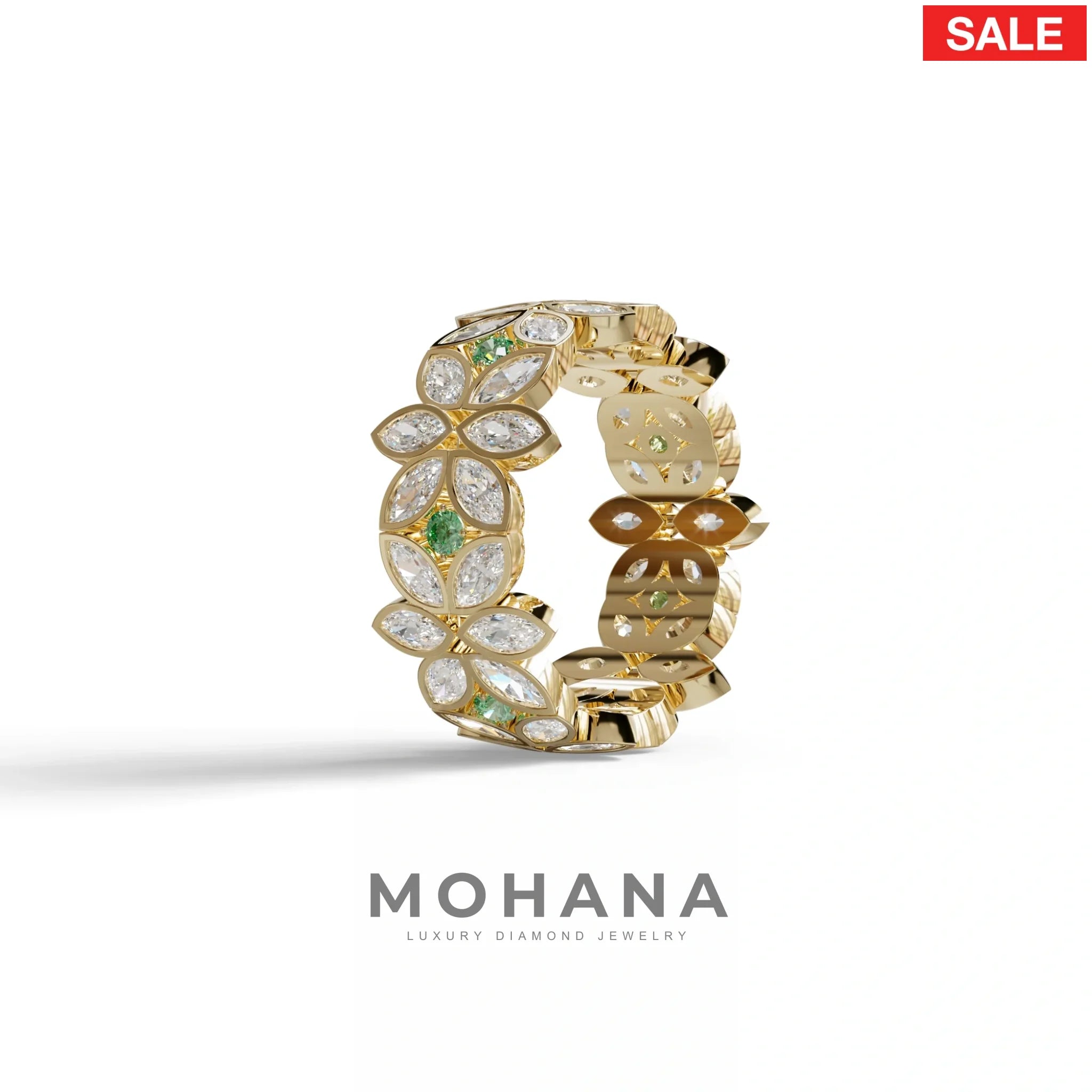 18K Gold Floral Eternity Band: Marquise Diamond & Round Diamond Full Eternity Band