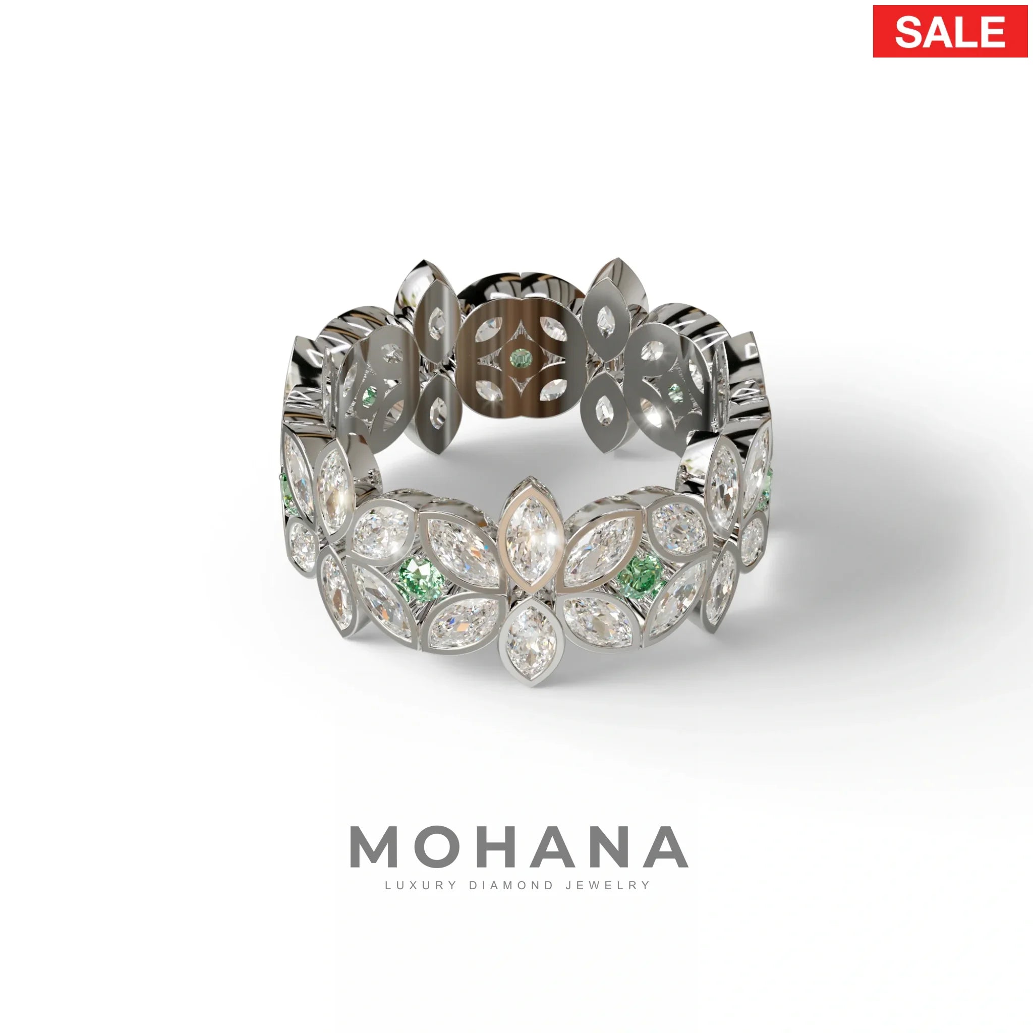 18K Gold Floral Eternity Band: Marquise Diamond & Round Diamond Full Eternity Band