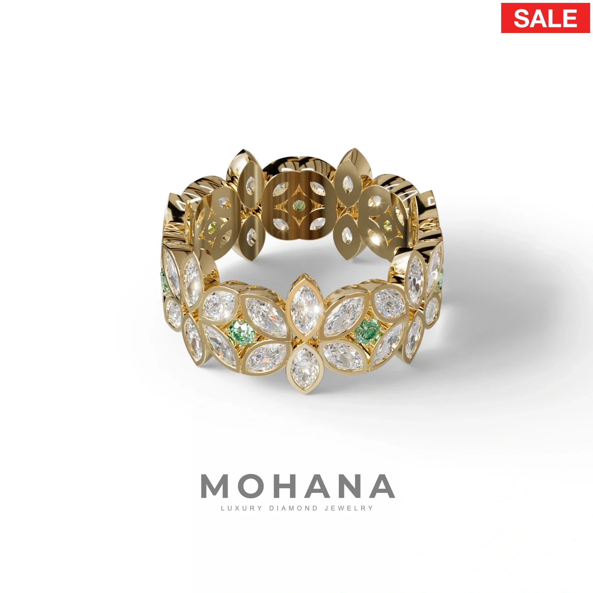 18K Gold Floral Eternity Band: Marquise Diamond & Round Diamond Full Eternity Band