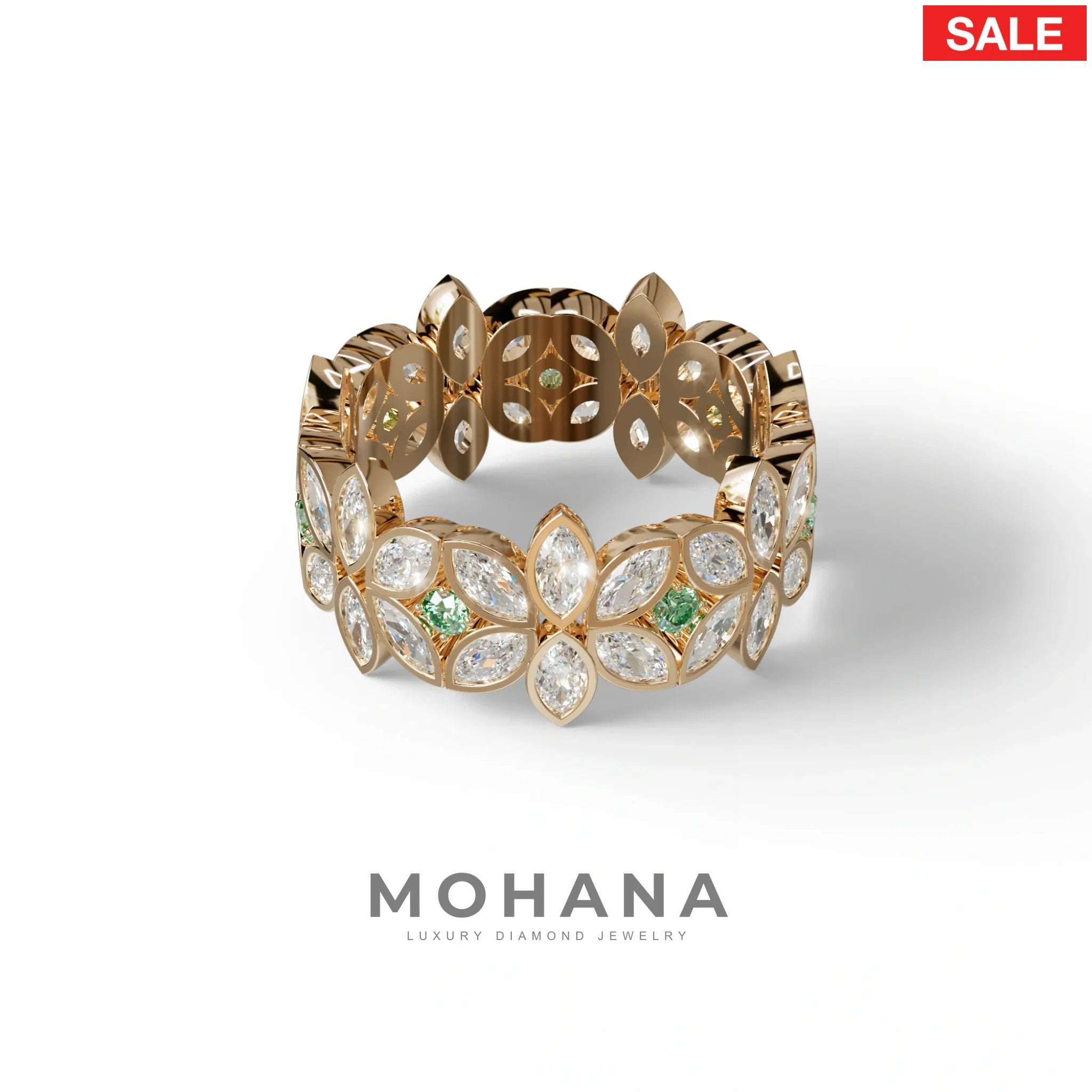 18K Gold Floral Eternity Band: Marquise Diamond & Round Diamond Full Eternity Band