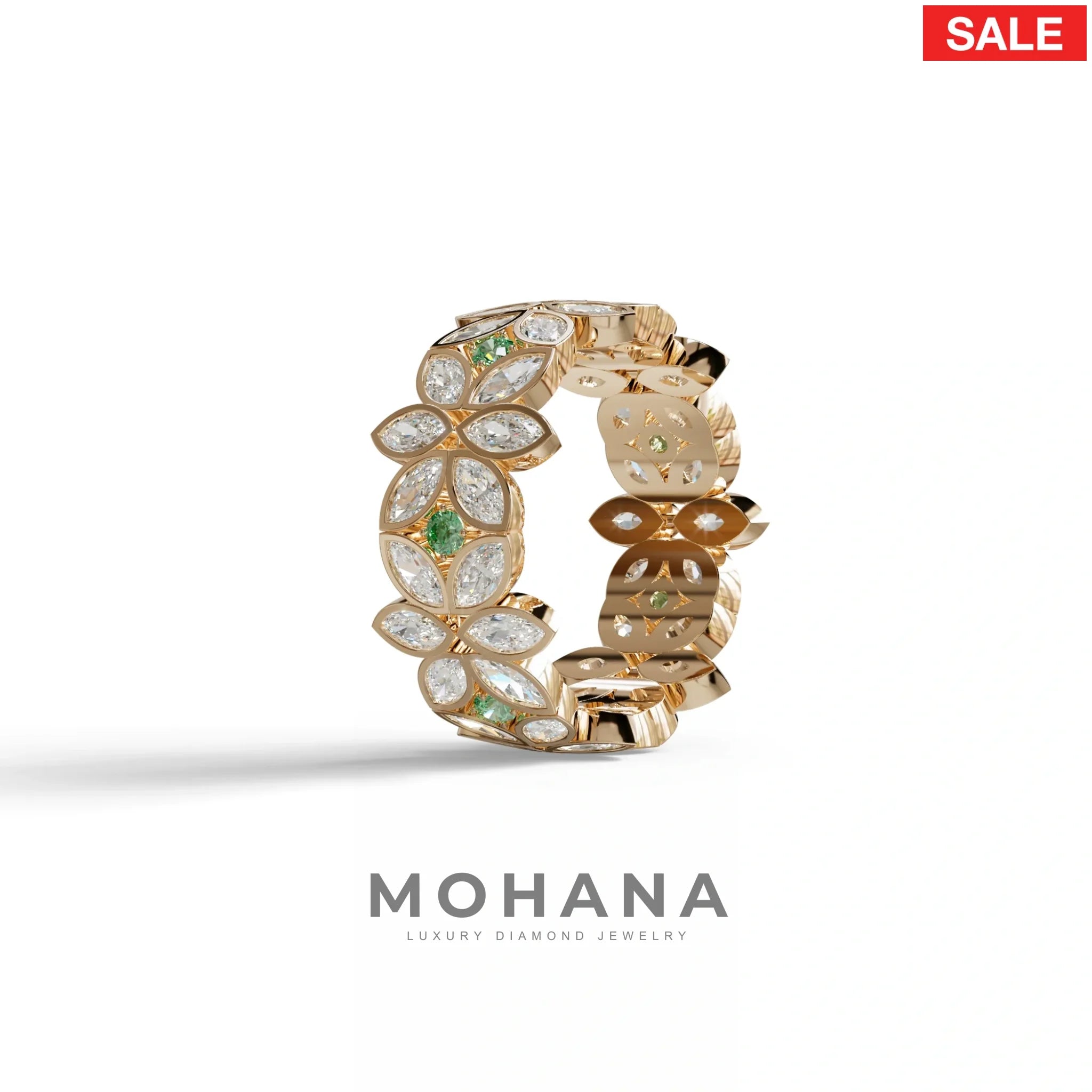 18K Gold Floral Eternity Band: Marquise Diamond & Round Diamond Full Eternity Band