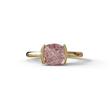 2 Carat Pink Cushion Diamond Ring - Half Bezel Set Ring - Remi - 10K Solid Gold / Yellow Gold