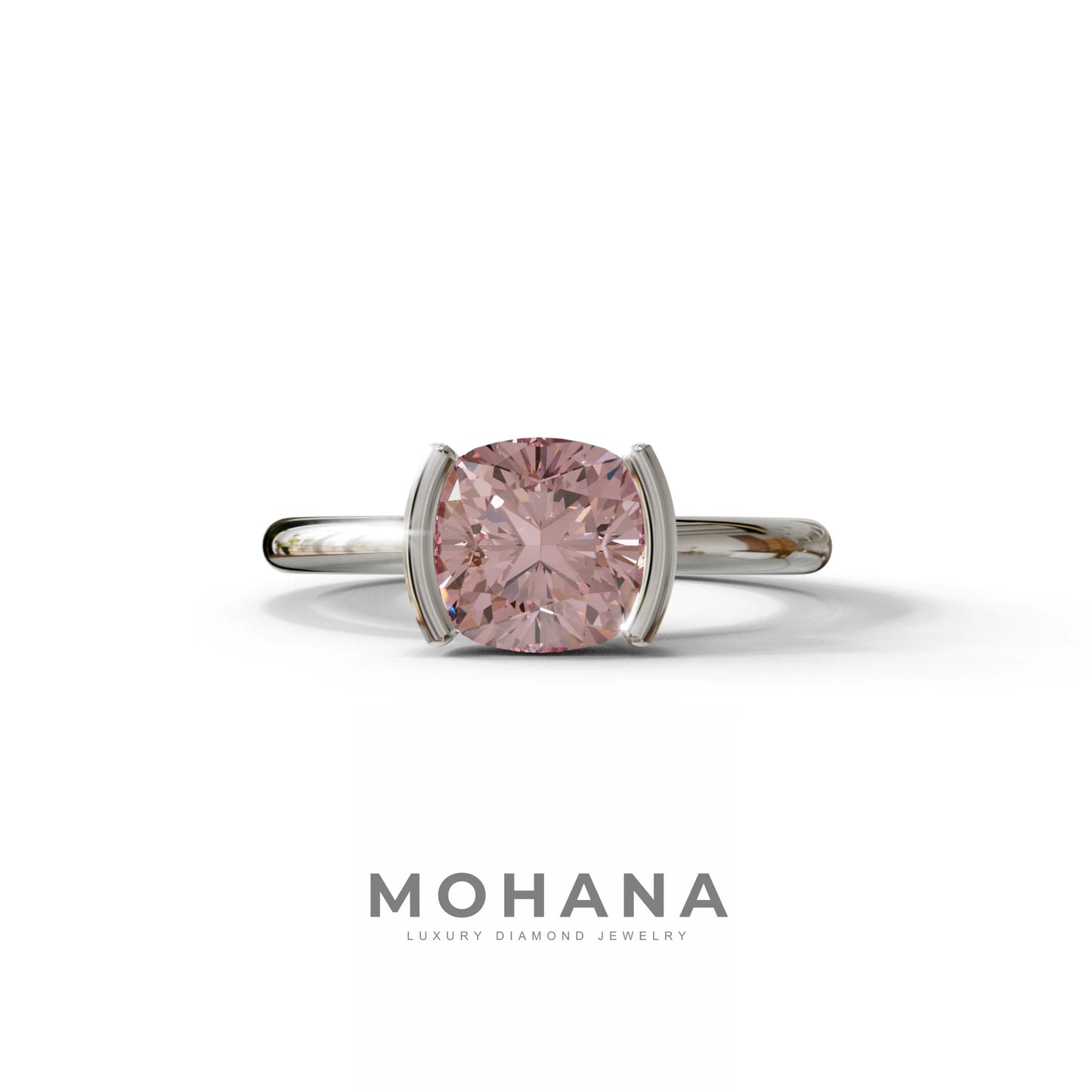 2 Carat Pink Cushion Diamond Ring - Half Bezel Set Ring - Remi - 10K Solid Gold / White Gold