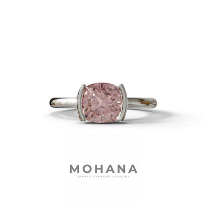 2 Carat Pink Cushion Diamond Ring - Half Bezel Set Ring - Remi - 10K Solid Gold / White Gold