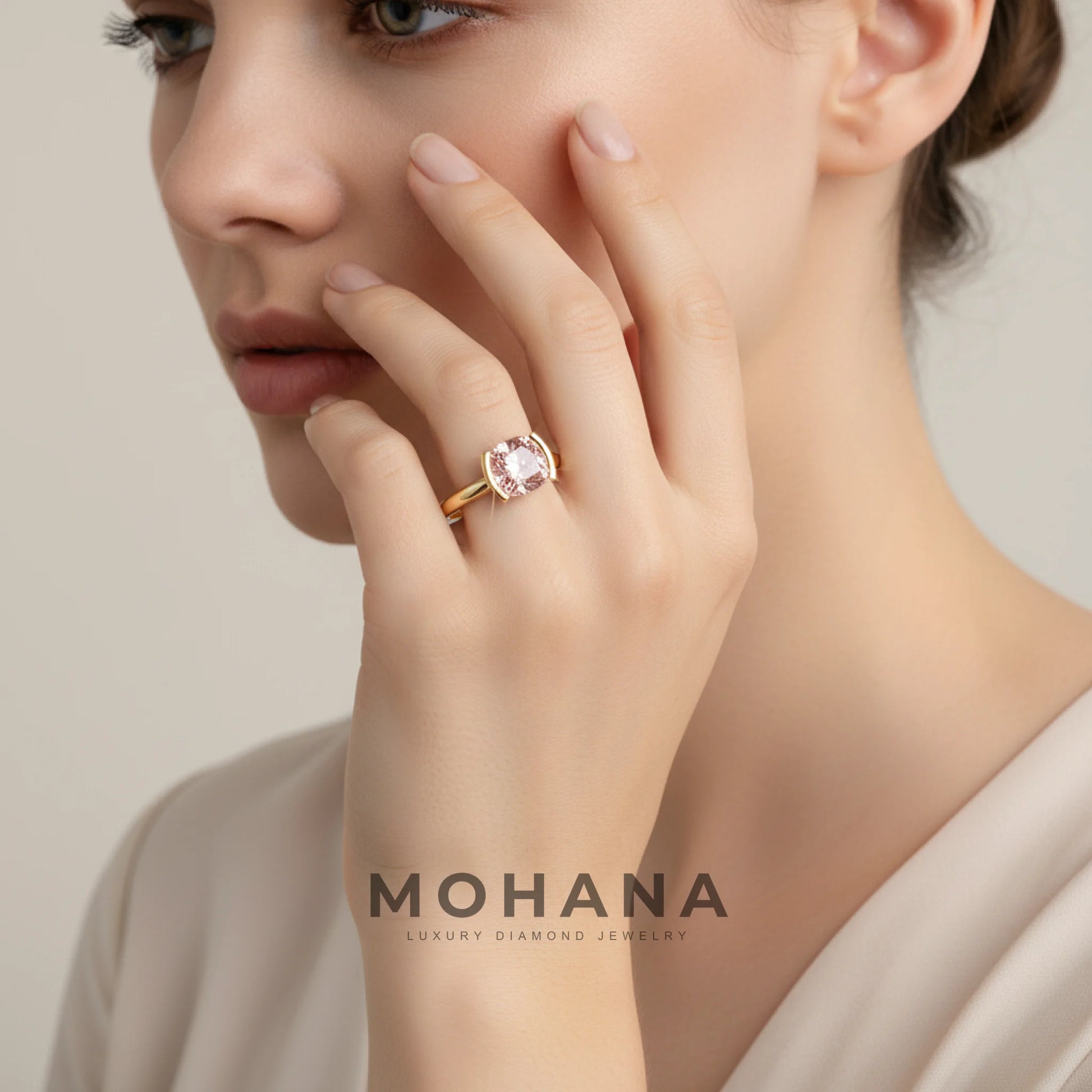 2 Carat Pink Cushion Cut Lab Grown Diamond Half-Bezel Solitaire Engagement Ring – Ultra Low Profile