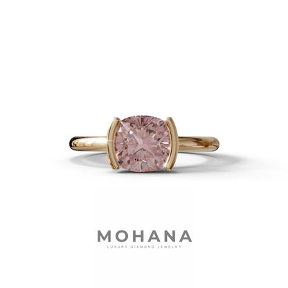 2 Carat Pink Cushion Diamond Ring - Half Bezel Set Ring - Remi - 10K Solid Gold / Rose Gold