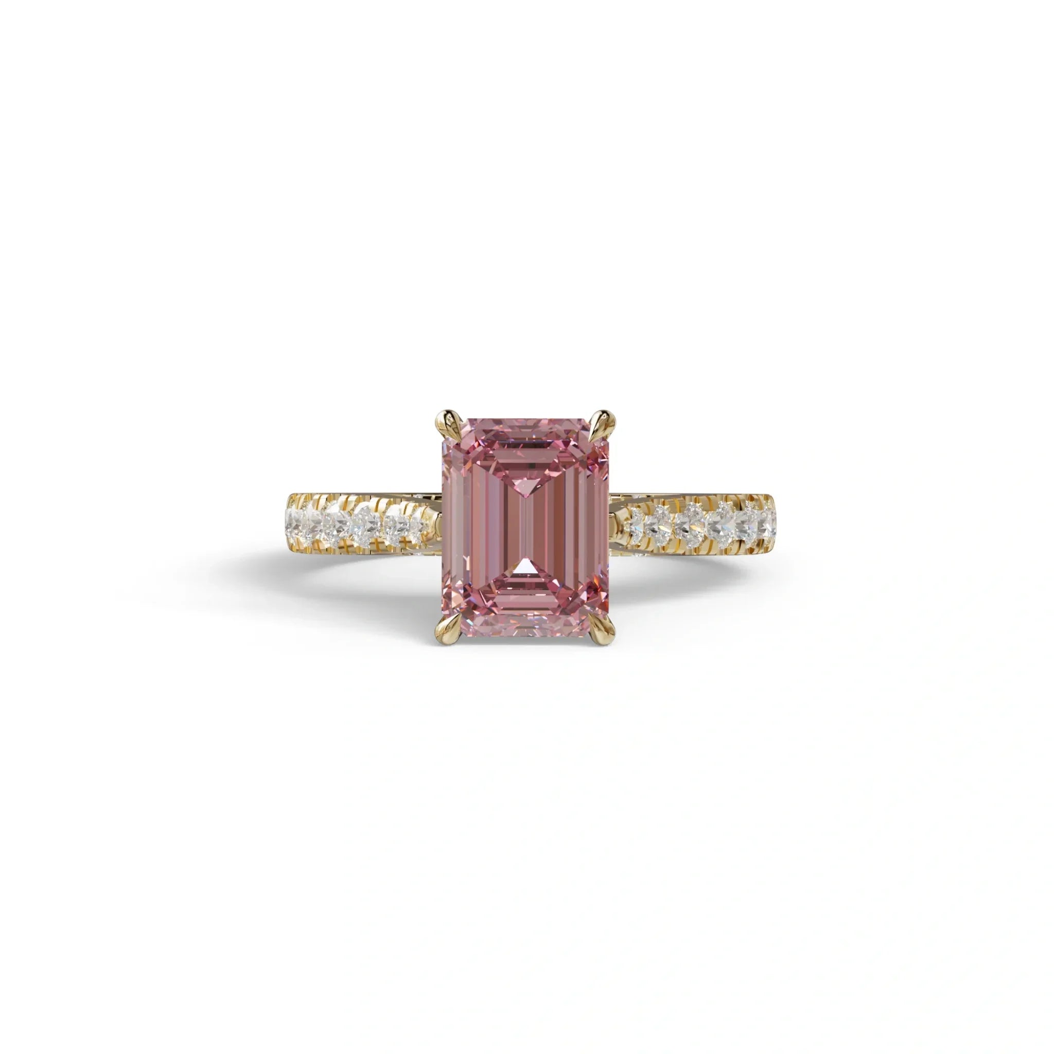2 Carat Pink Emerald Cut Hidden Halo & Pave Lab Diamond Ring - Siara - 10K Solid Gold / Yellow Gold