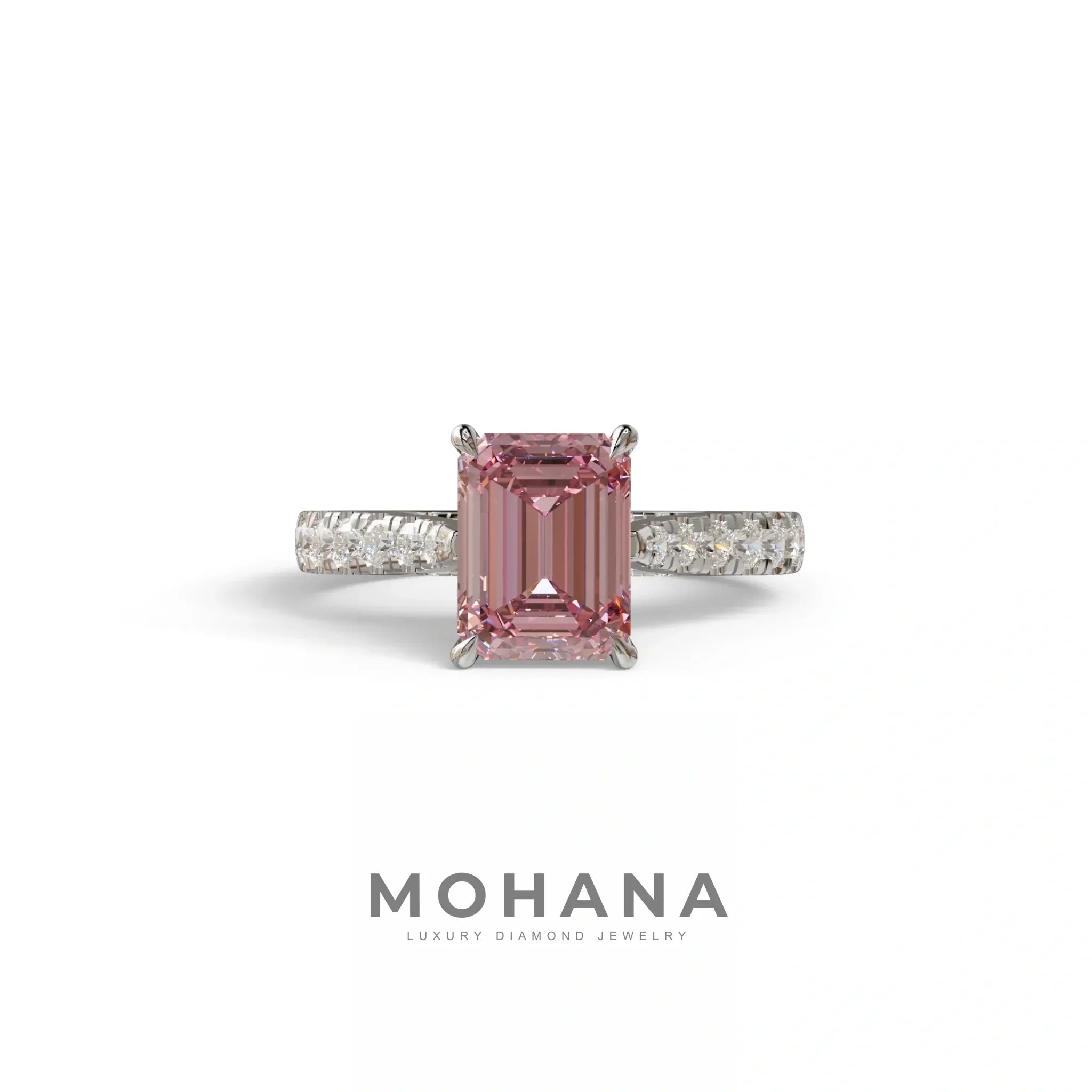 2 Carat Pink Emerald Cut Hidden Halo & Pave Lab Diamond Ring - Siara - 10K Solid Gold / White Gold