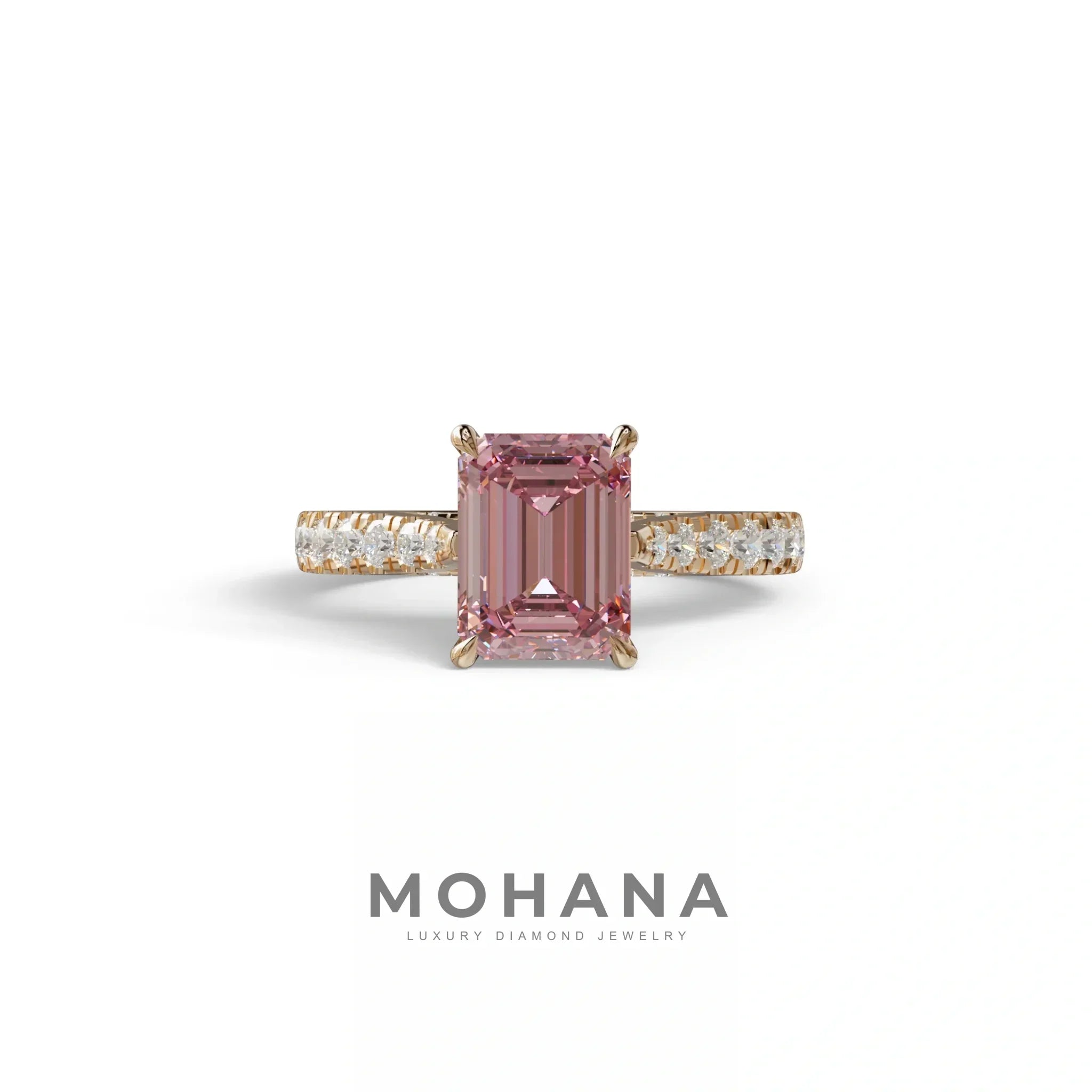2 Carat Pink Emerald Cut Hidden Halo & Pave Lab Diamond Ring - Siara - 10K Solid Gold / Rose Gold