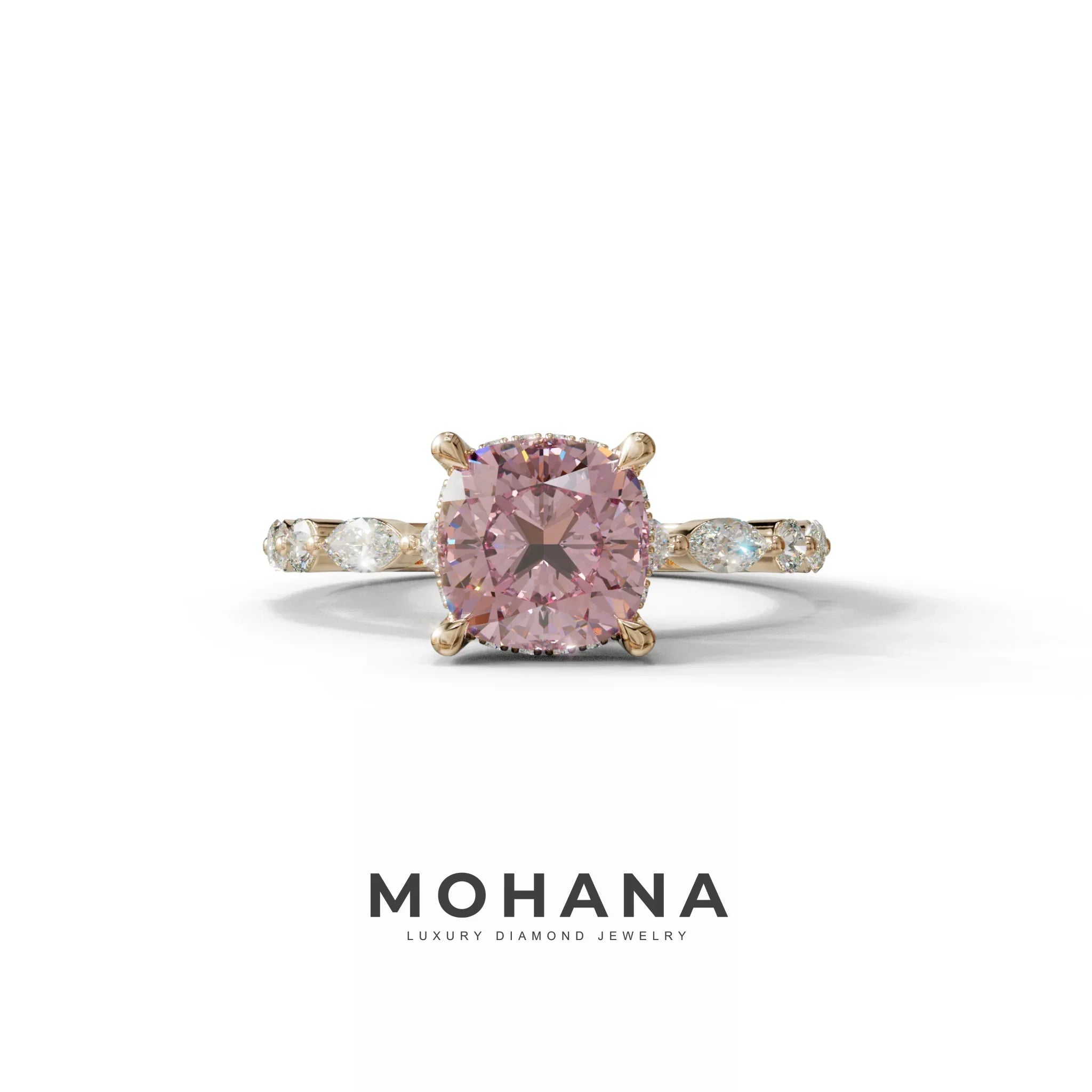 2 Carat Pink Cushion Cut Hidden Halo & Pave Lab Diamond Ring - Daisy - 10K Solid Gold / Rose Gold