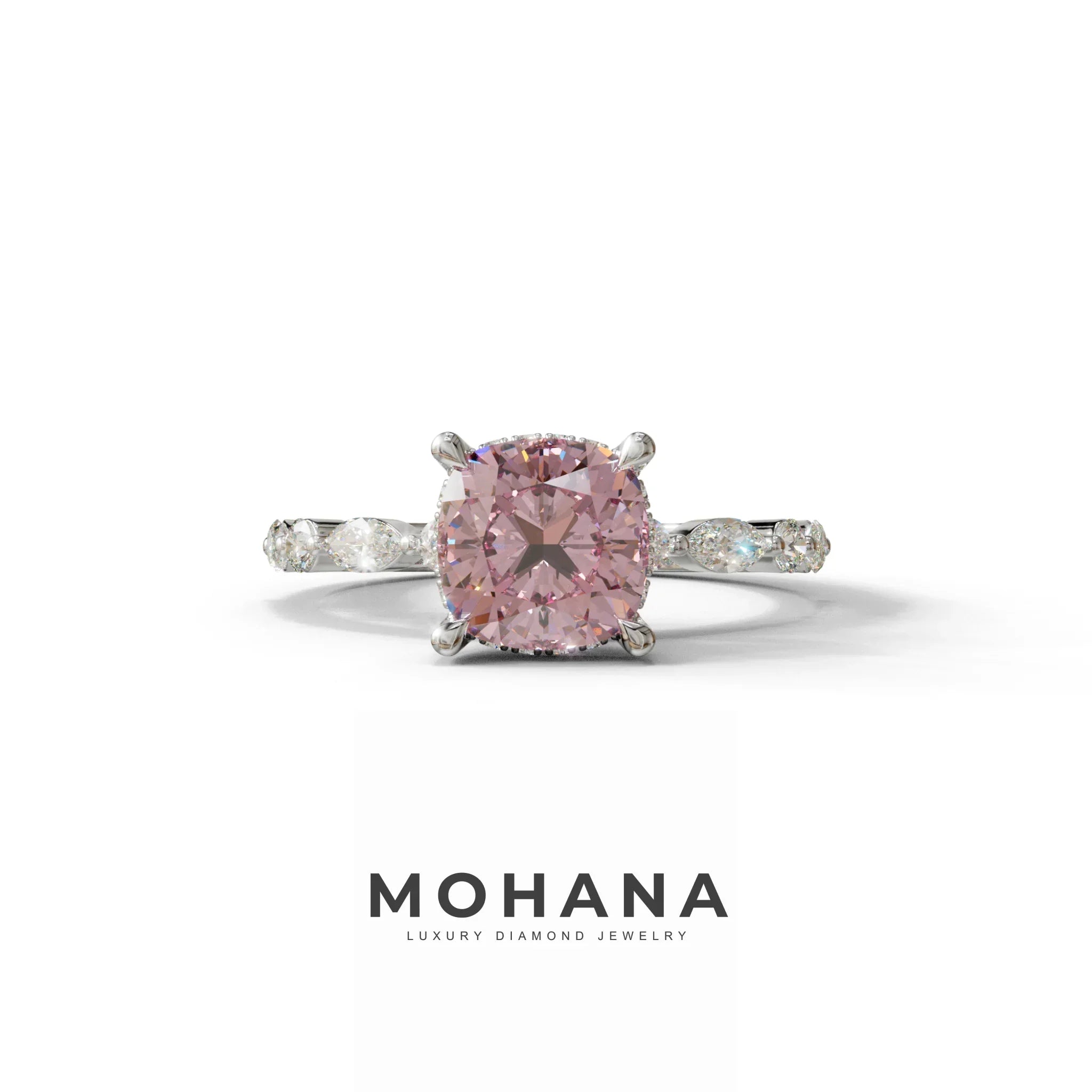 2 Carat Pink Cushion Cut Hidden Halo & Pave Lab Diamond Ring - Daisy - 10K Solid Gold / White Gold