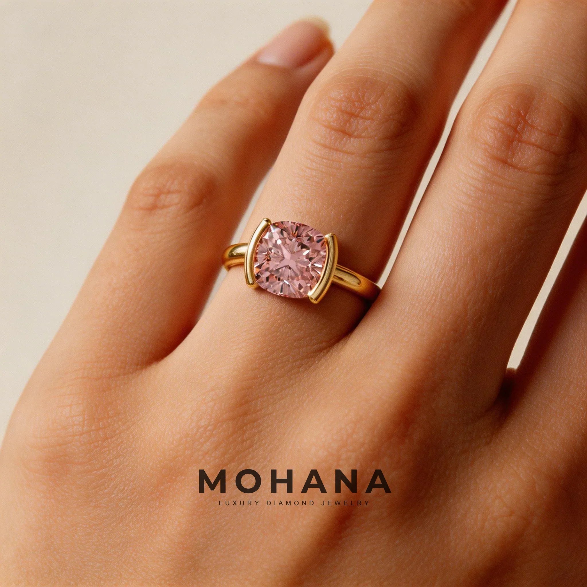 2 Carat Pink Cushion Cut Lab Grown Diamond Half-Bezel Solitaire Engagement Ring – Ultra Low Profile