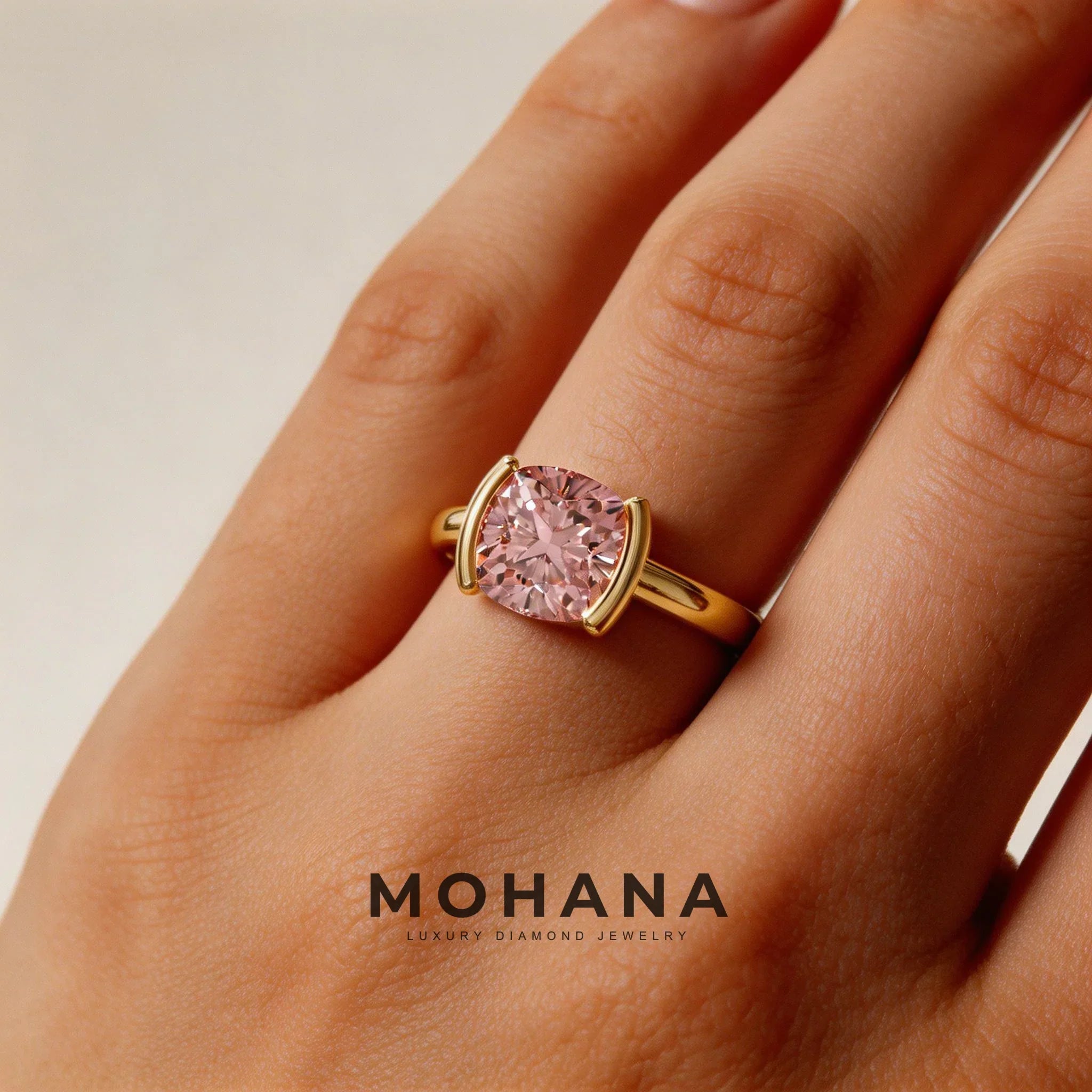 2 Carat Pink Cushion Cut Lab Grown Diamond Half-Bezel Solitaire Engagement Ring – Ultra Low Profile