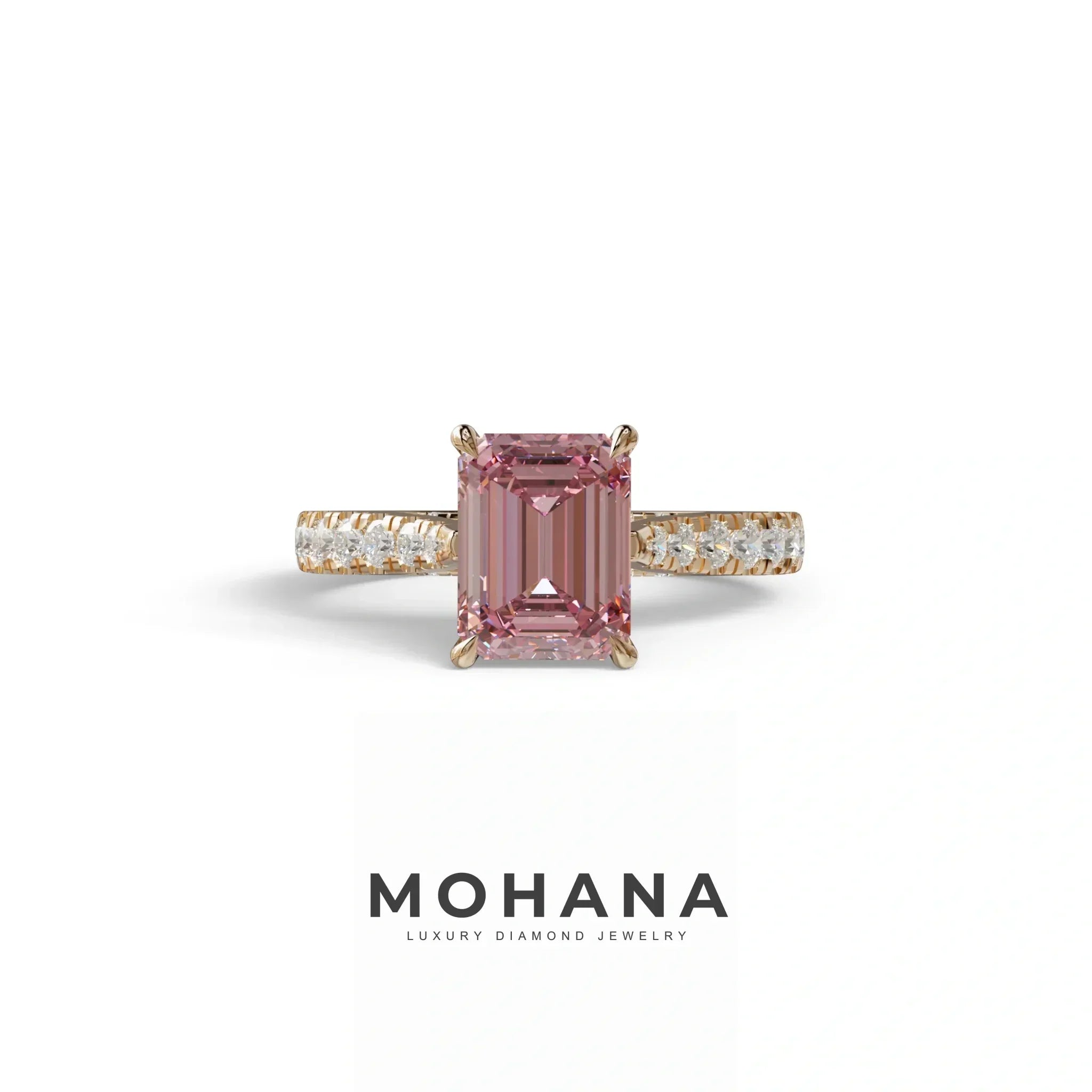 2 Carat Pink Emerald Cut Hidden Halo & Pave Lab Diamond Ring - Siara - 10K Solid Gold / Rose Gold