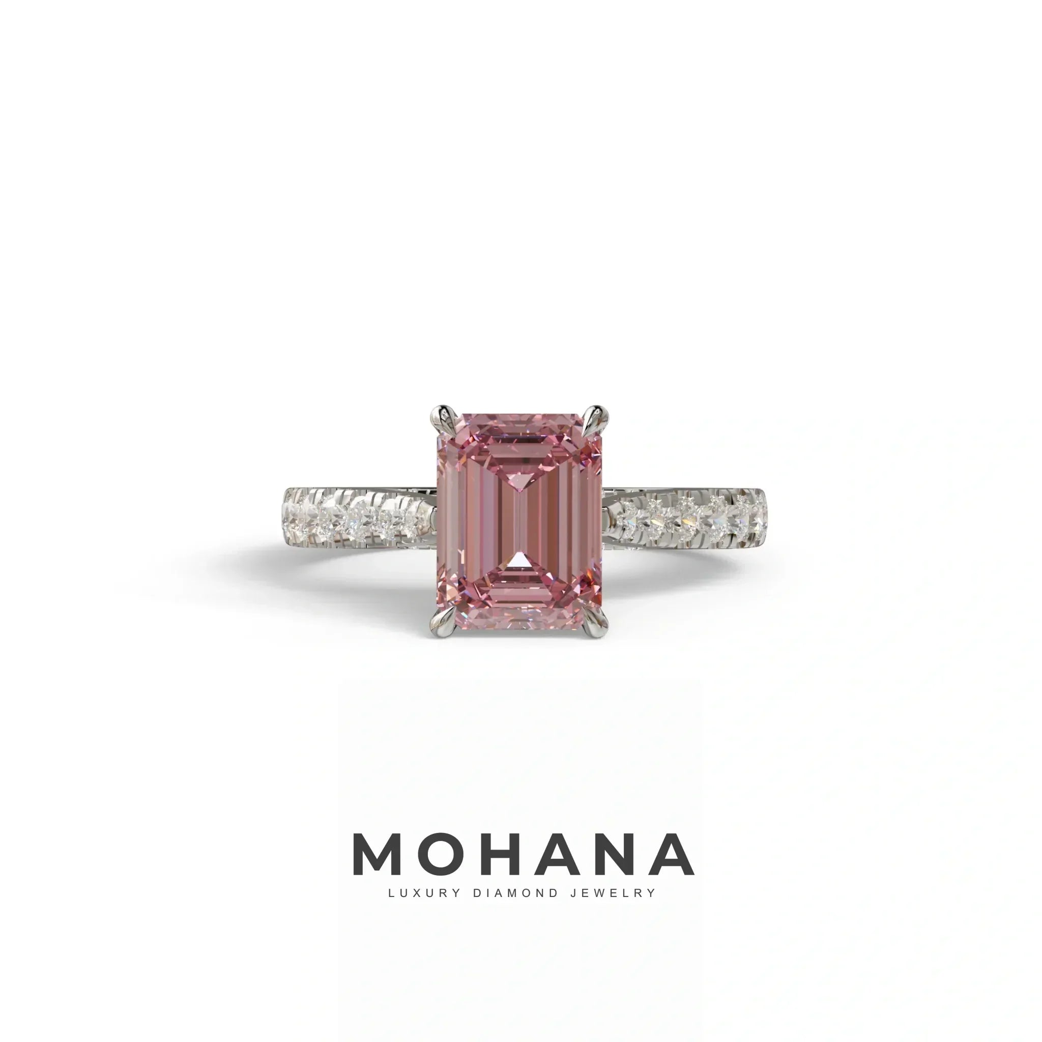2 Carat Pink Emerald Cut Hidden Halo & Pave Lab Diamond Ring - Siara - 10K Solid Gold / White Gold