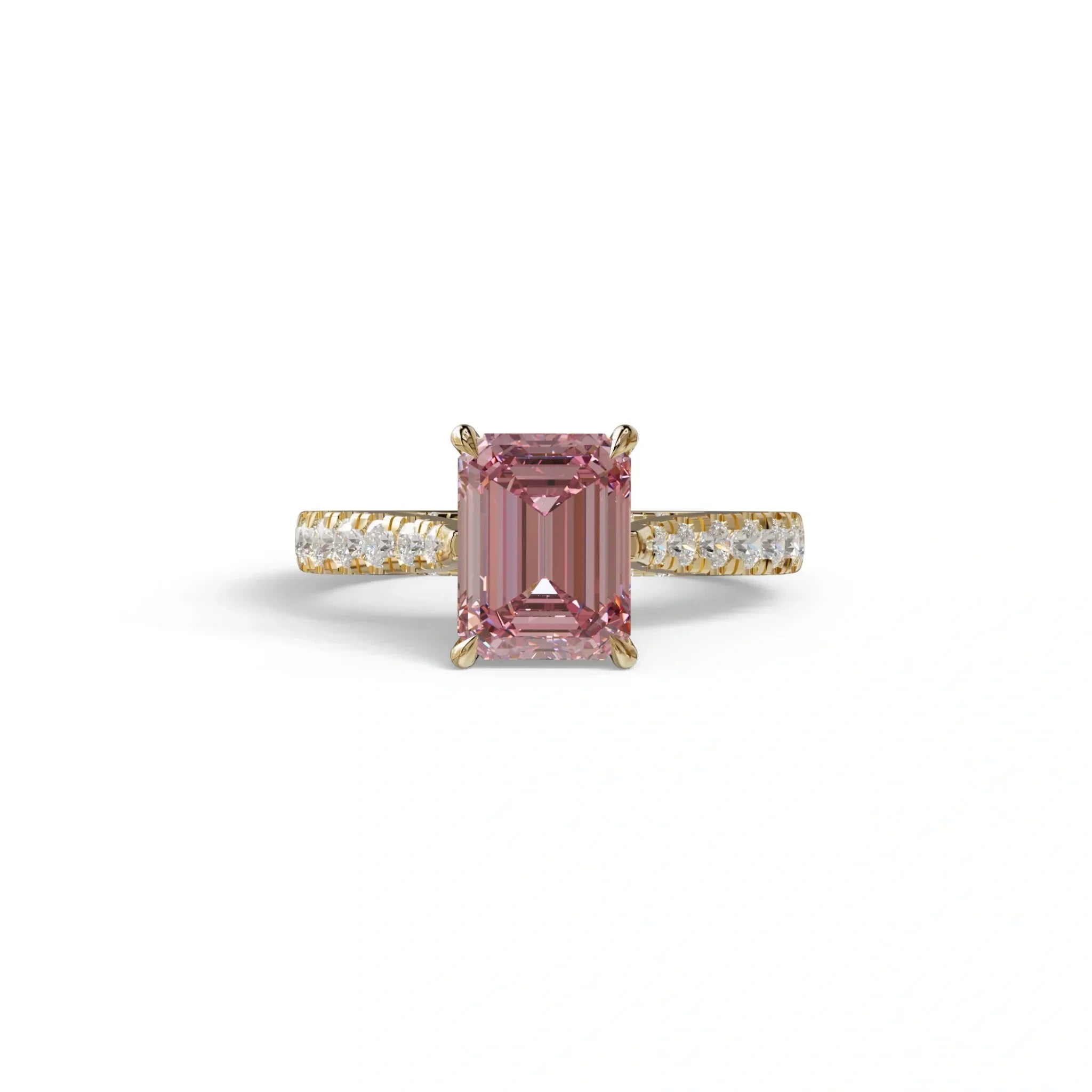 2 Carat Pink Emerald Cut Hidden Halo & Pave Lab Diamond Ring - Siara - 10K Solid Gold / Yellow Gold
