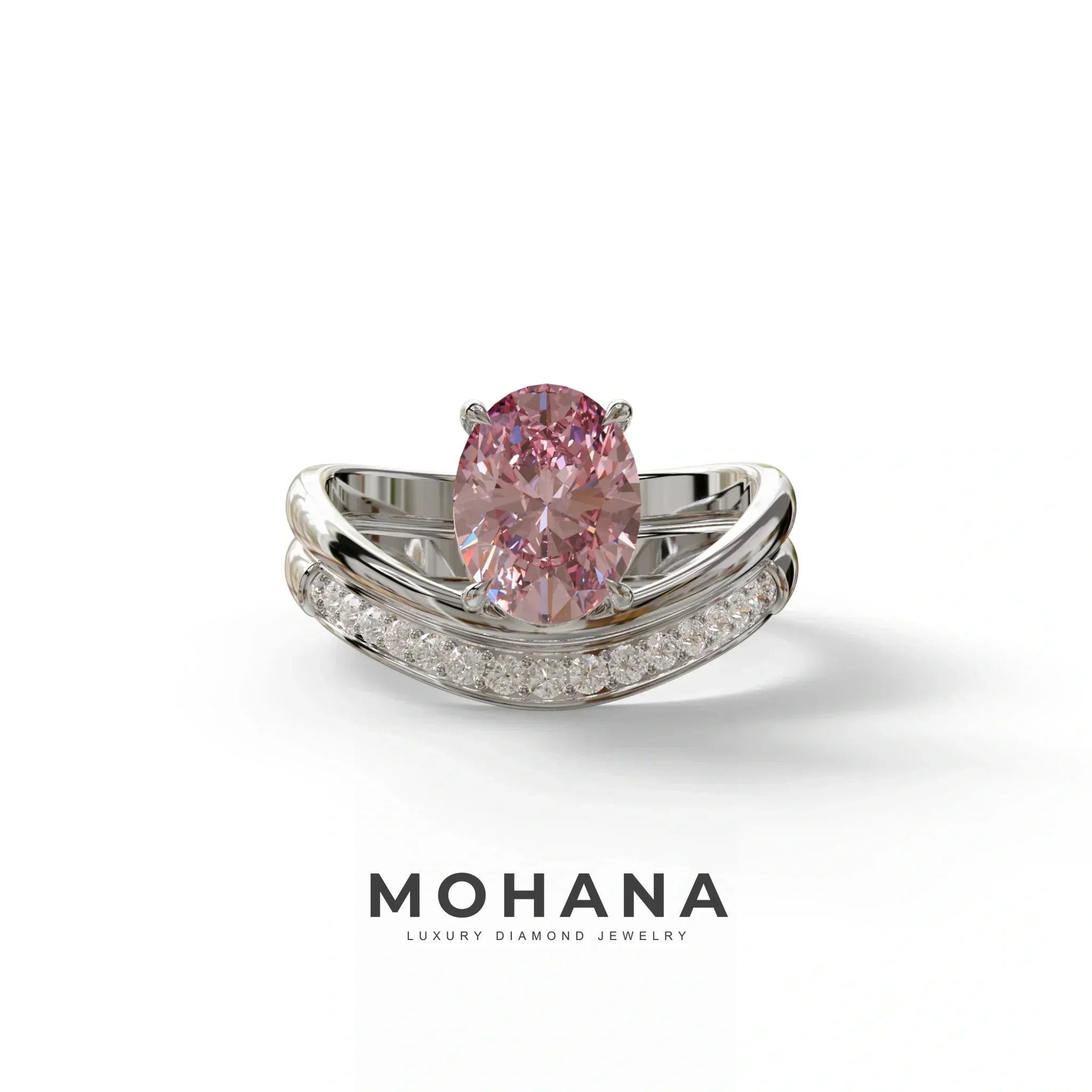 2 Carat Fancy Intense Pink Oval Cut Lab Grown Diamond Ring | Curve Setting - Brilliance - 10K Solid Gold / White Gold