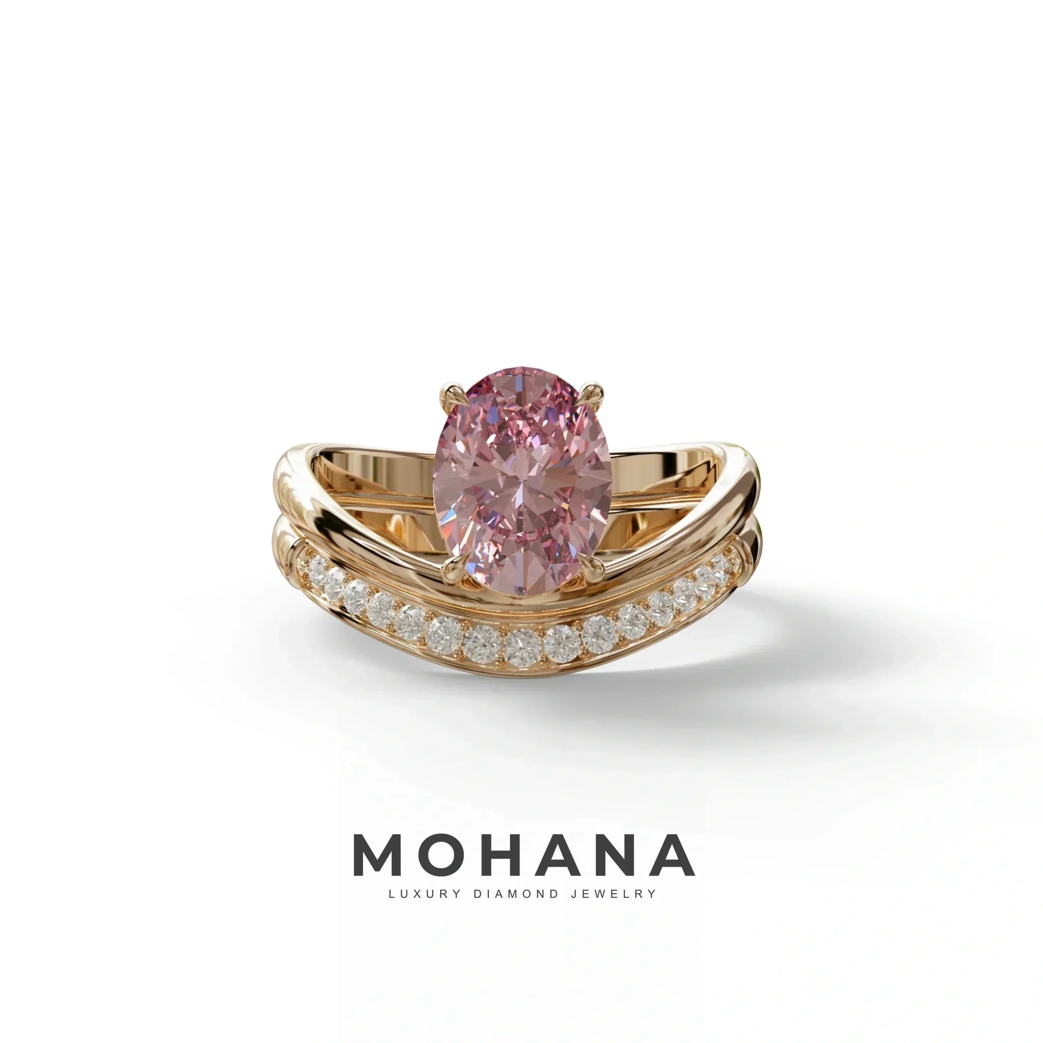 2 Carat Fancy Intense Pink Oval Cut Lab Grown Diamond Ring | Curve Setting - Brilliance - 10K Solid Gold / Rose Gold