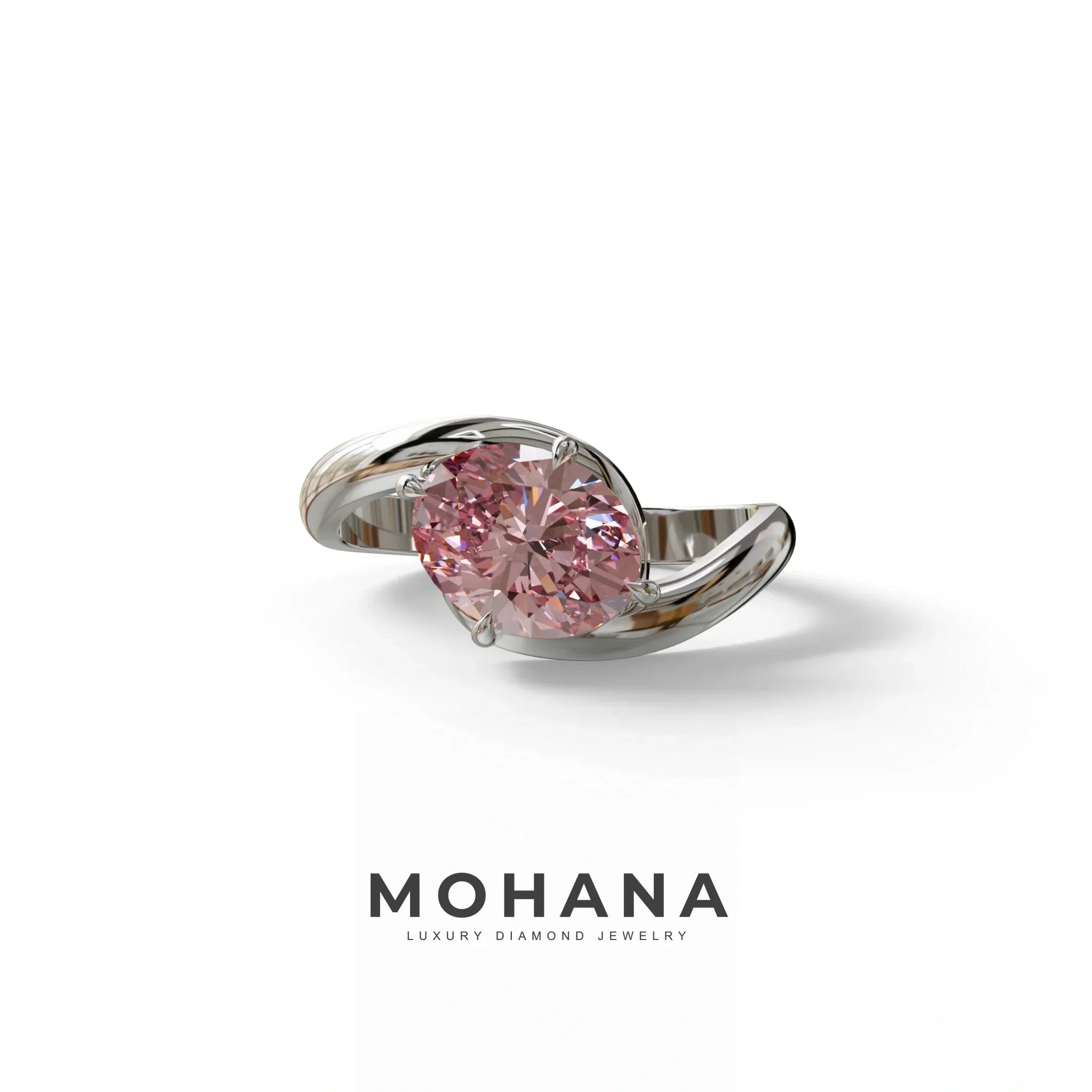 2 Carat Fancy Vivid Pink Oval Cut Lab Diamond Ring - Estella - 10K Solid Gold / White Gold