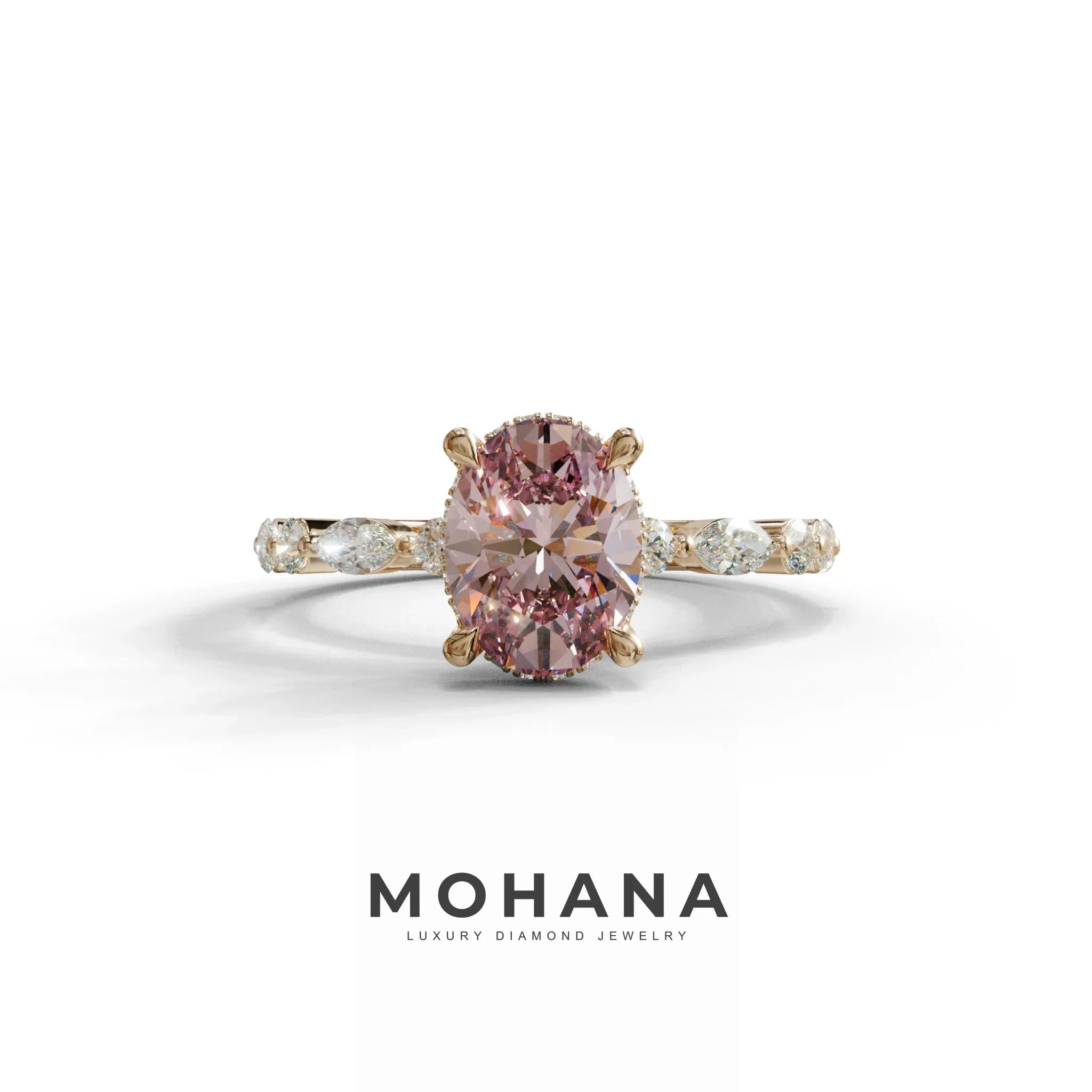2 Carat Pink Oval Cut Hidden Halo & Pave Lab Diamond Ring - Laina - 10K Solid Gold / Rose Gold