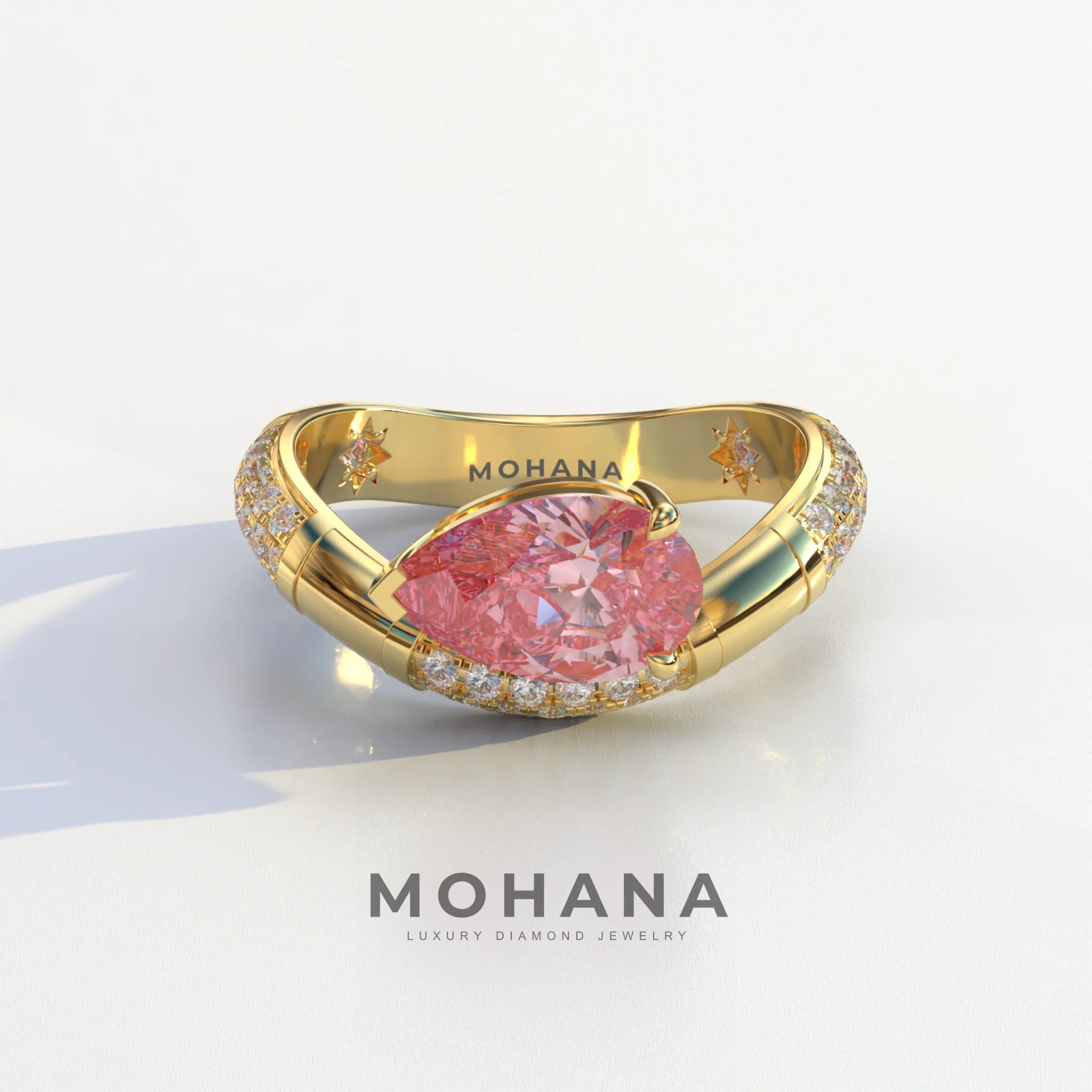 2 Carat East-West Fancy Vivid Pink Pear Cut Lab Diamond Engagement Ring - J’Lure - 10K Solid Gold / Yellow Gold