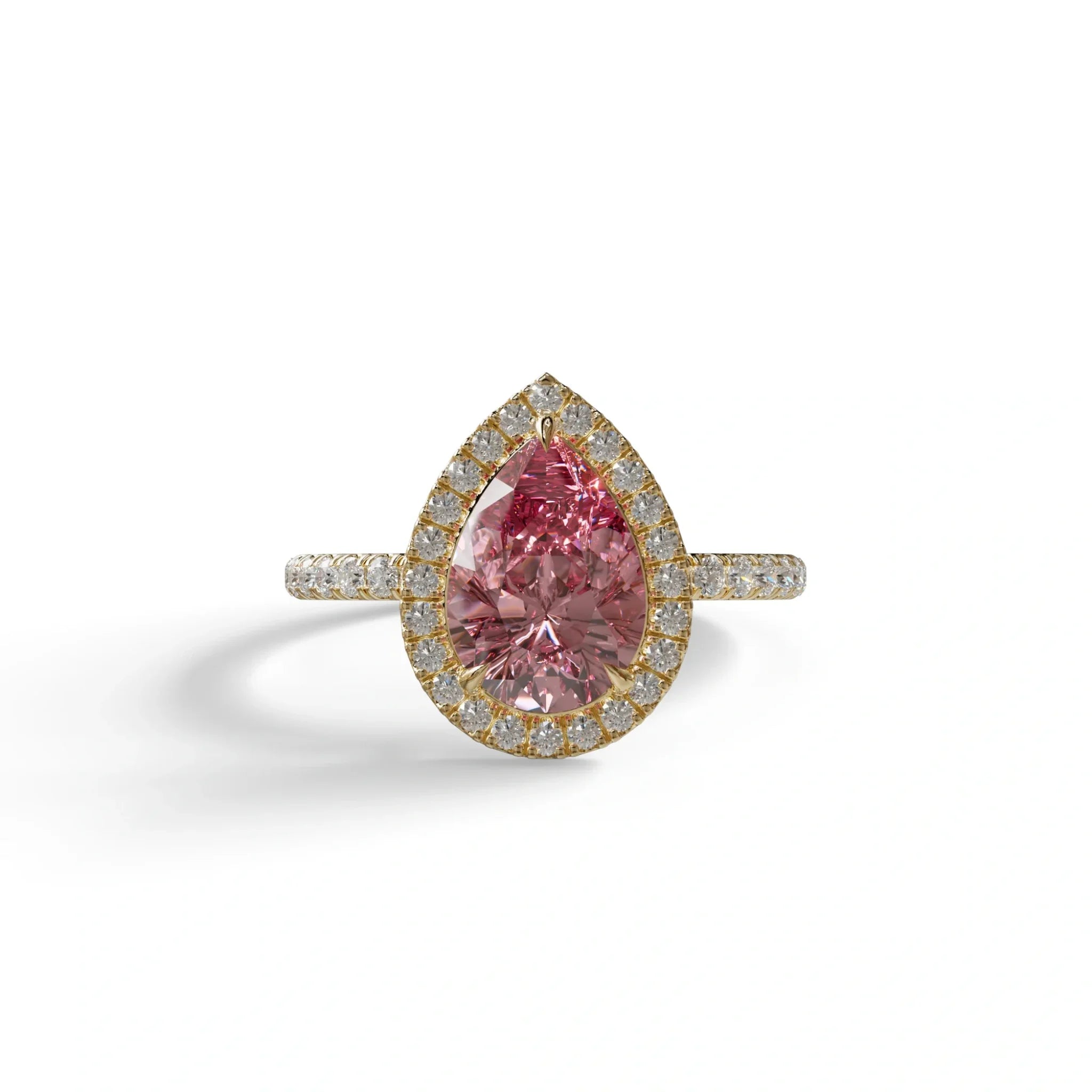 2 Carat Pink Pear Cut Halo & Pave Lab Diamond Ring - Glam Deck - 10K Solid Gold / Yellow Gold