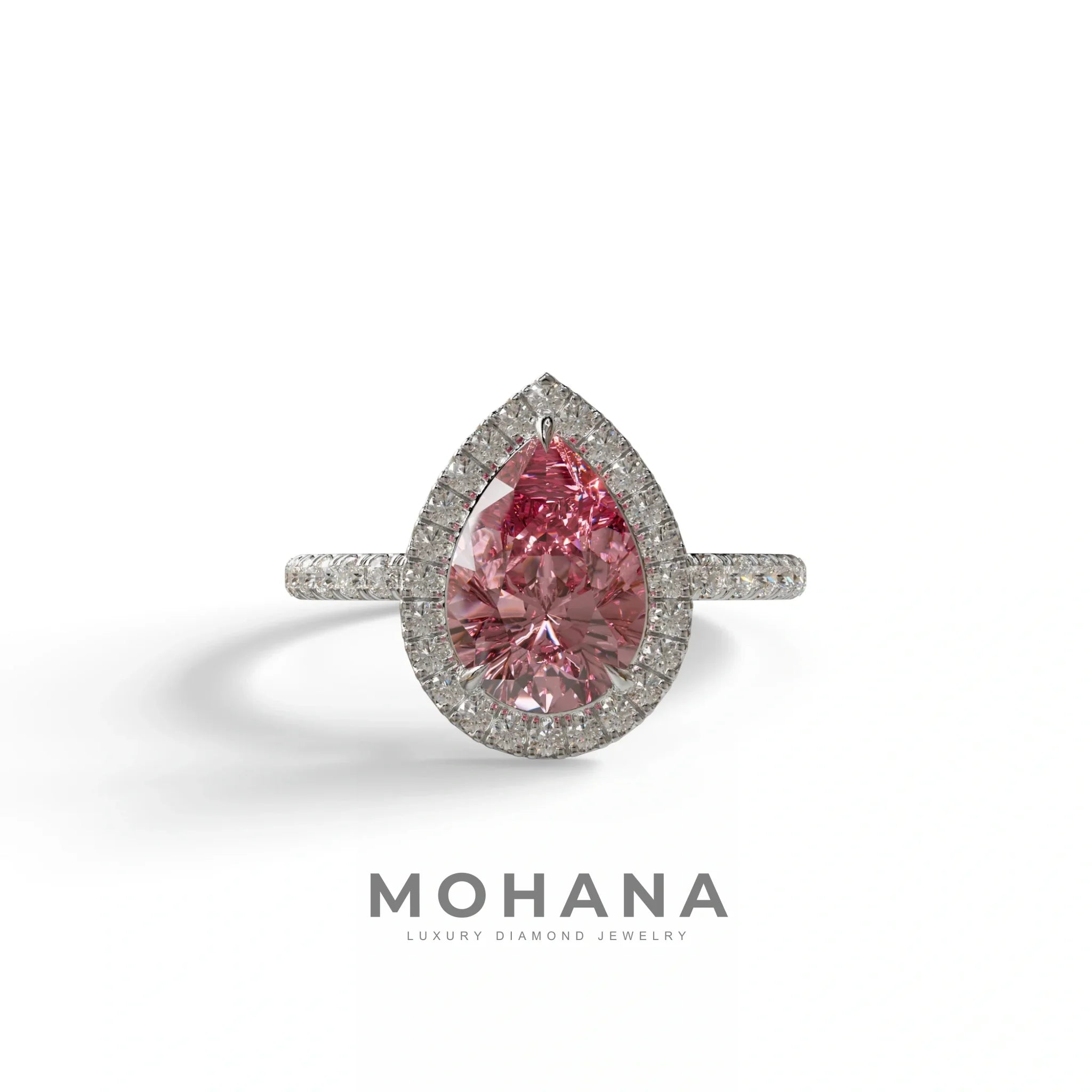 2 Carat Pink Pear Cut Halo & Pave Lab Diamond Ring - Glam Deck - 10K Solid Gold / White Gold