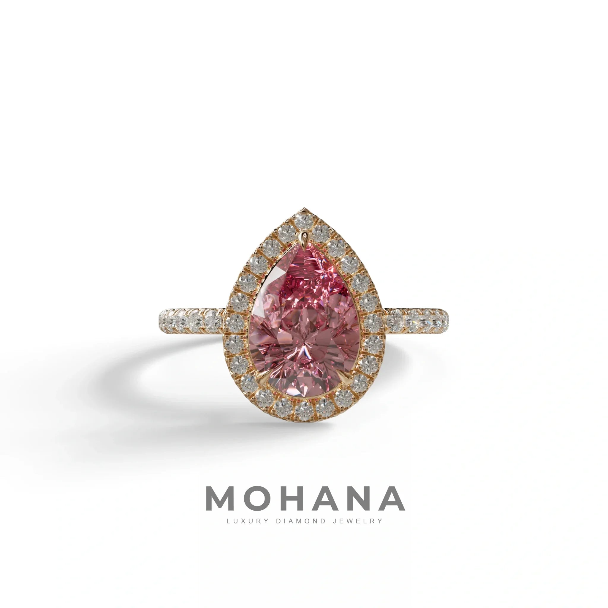 2 Carat Pink Pear Cut Halo & Pave Lab Diamond Ring - Glam Deck - 10K Solid Gold / Rose Gold
