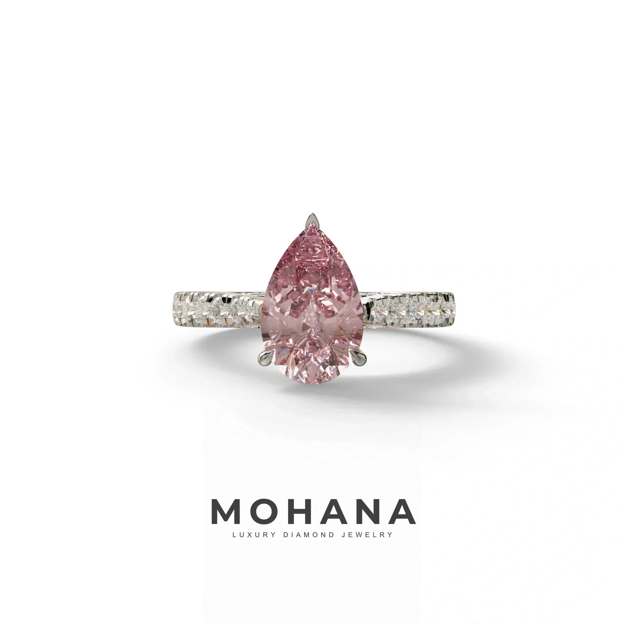 2 Carat Pink Pear Shaped Hidden Halo Lab Diamond Engagement Ring - Teardrop - 10K Solid Gold / White Gold
