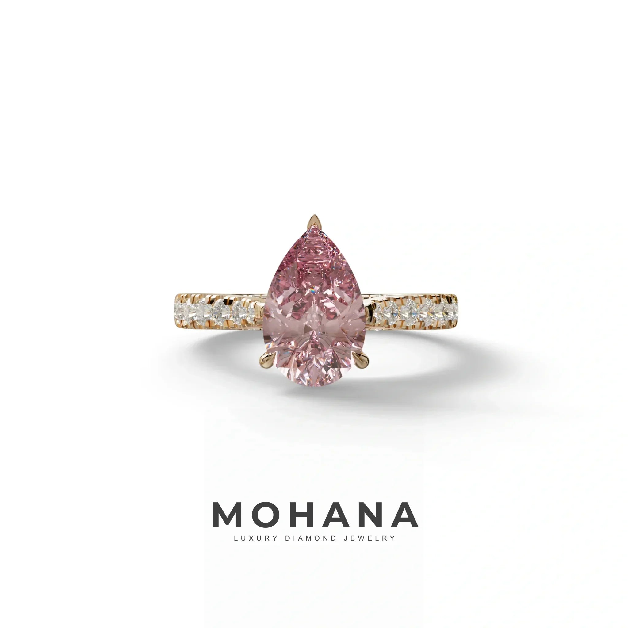 2 Carat Pink Pear Shaped Hidden Halo Lab Diamond Engagement Ring - Teardrop - 10K Solid Gold / Rose Gold