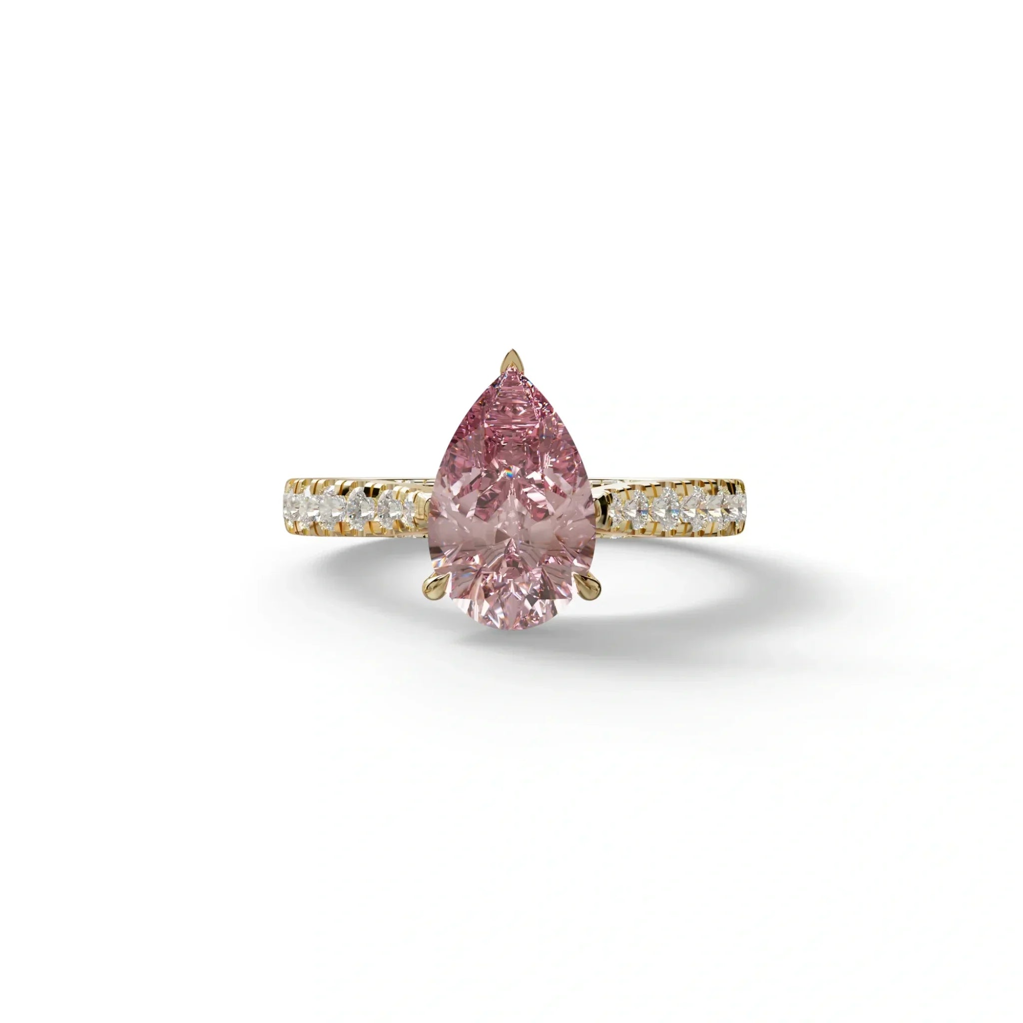 2 Carat Pink Pear Shaped Hidden Halo Lab Diamond Engagement Ring - Teardrop - 10K Solid Gold / Yellow Gold