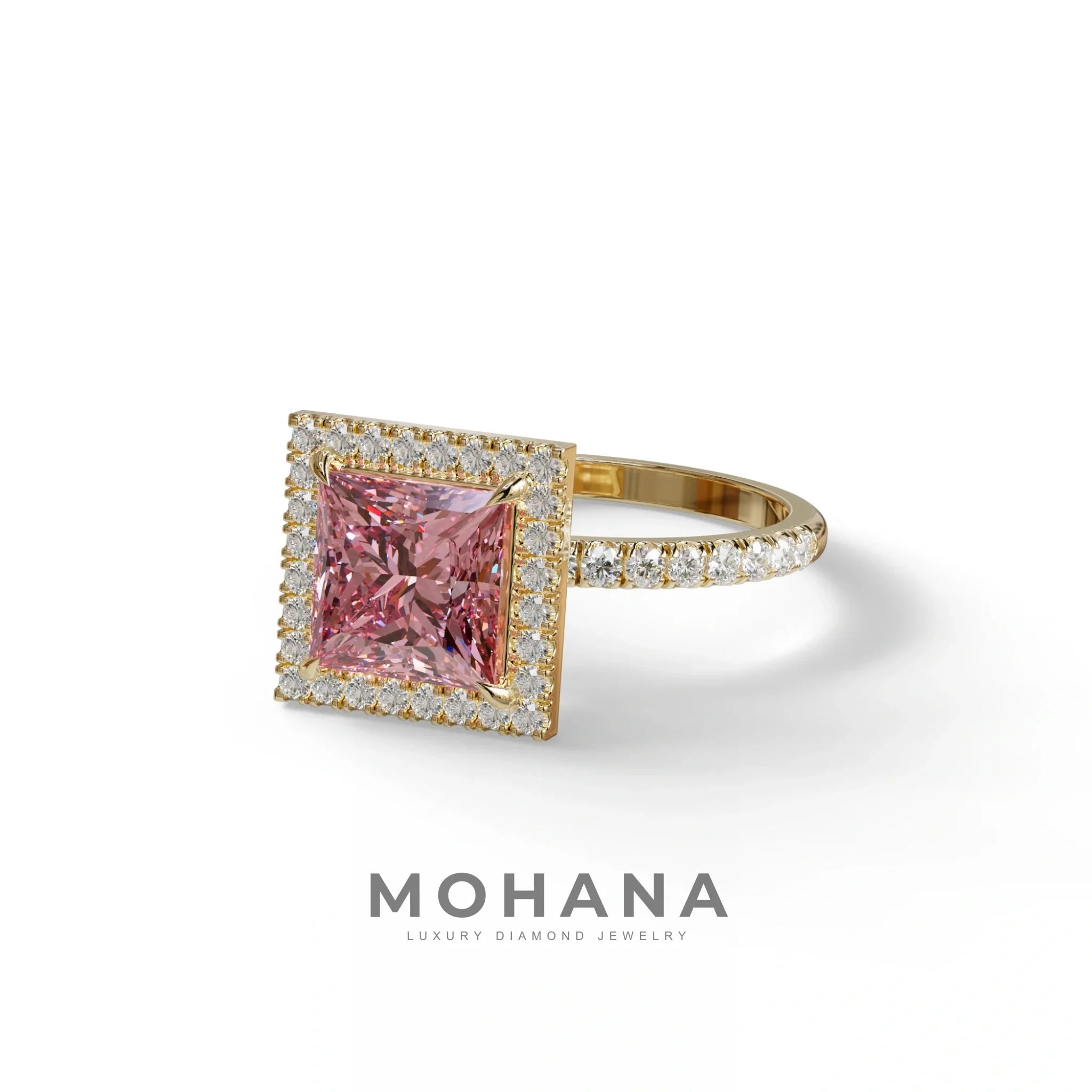 2 Carat Pink Princess Cut Halo & Pave Lab Diamond Ring - Diamond Prime