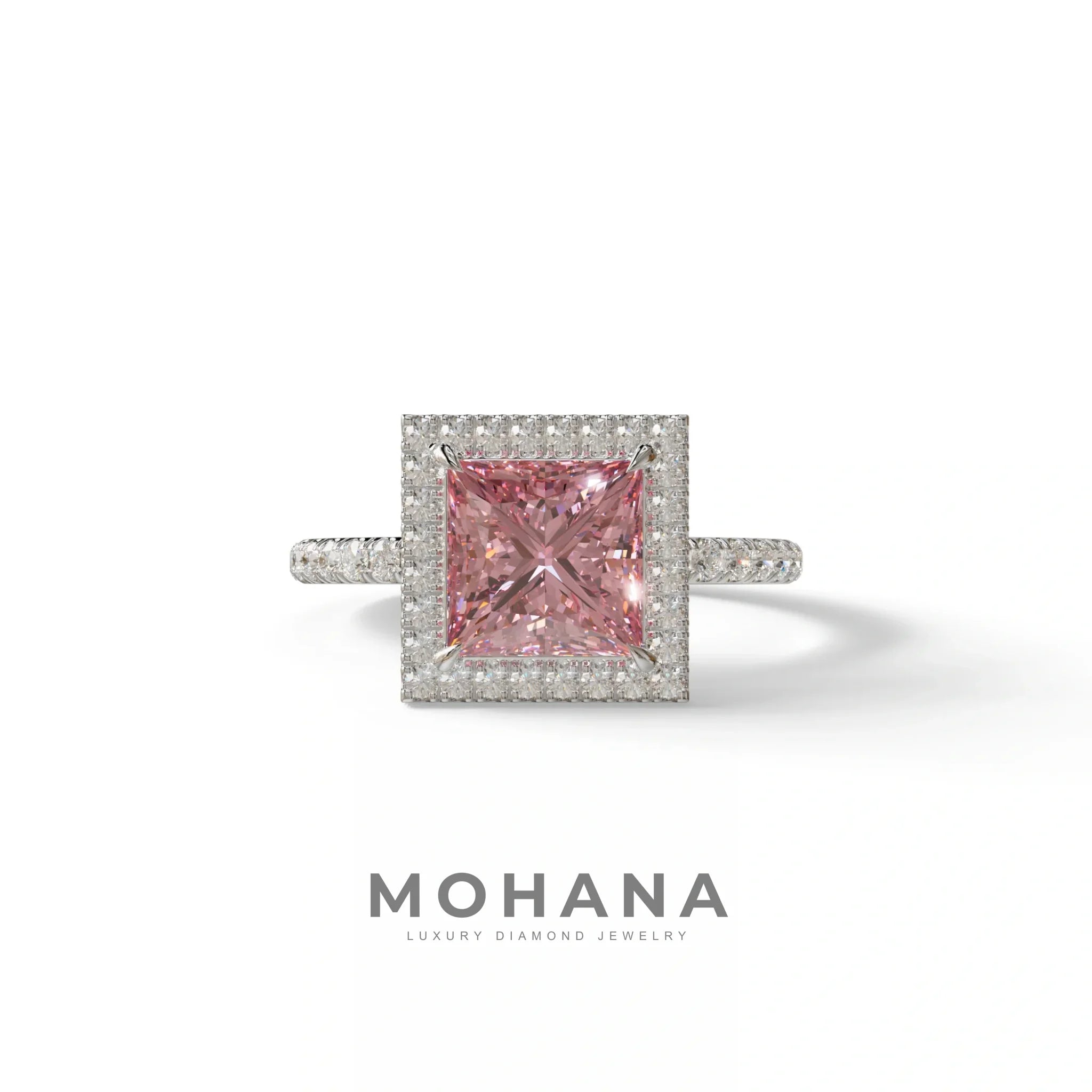 2 Carat Pink Princess Cut Halo & Pave Lab Diamond Ring - Diamond Prime - 10K Solid Gold / White Gold