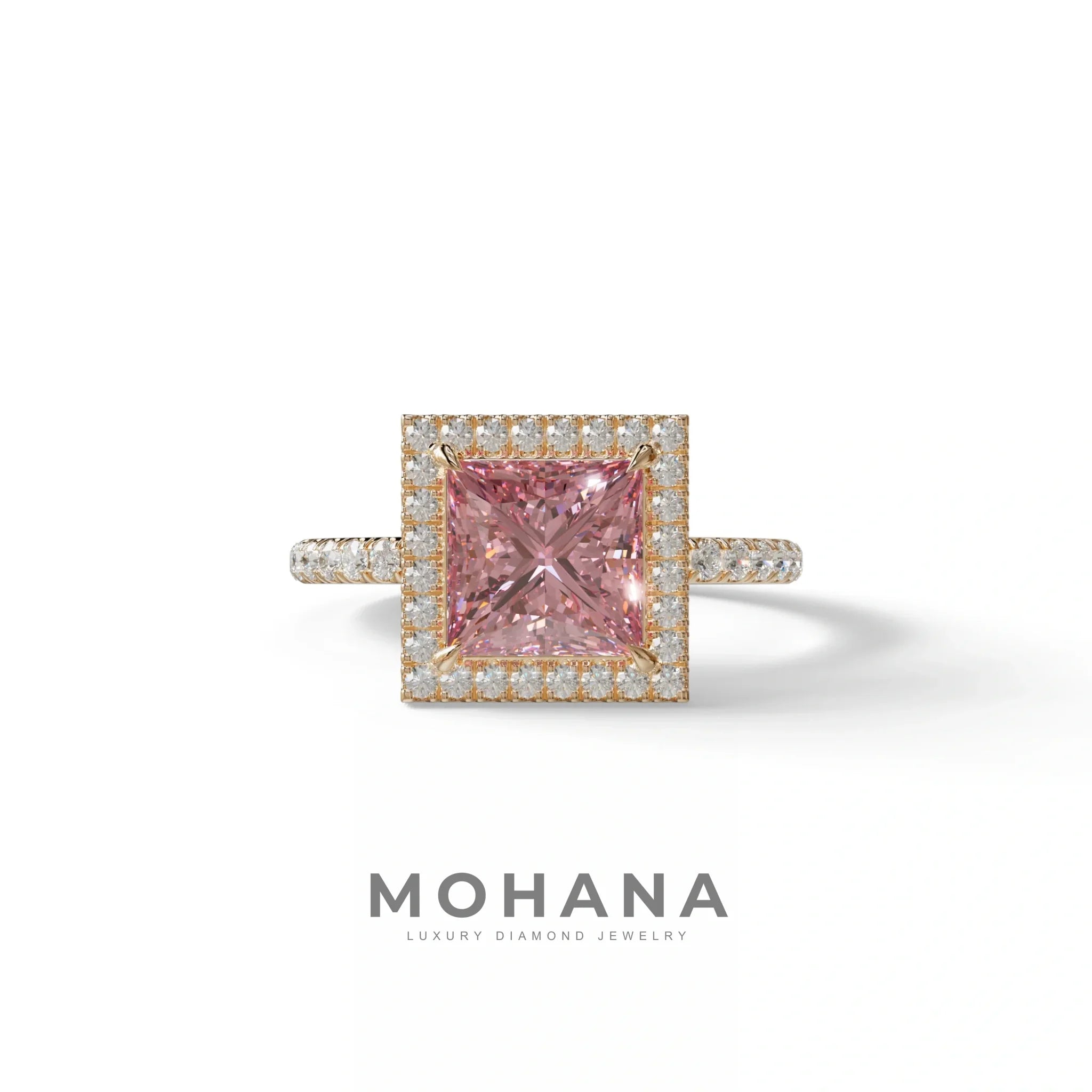 2 Carat Pink Princess Cut Halo & Pave Lab Diamond Ring - Diamond Prime - 10K Solid Gold / Rose Gold