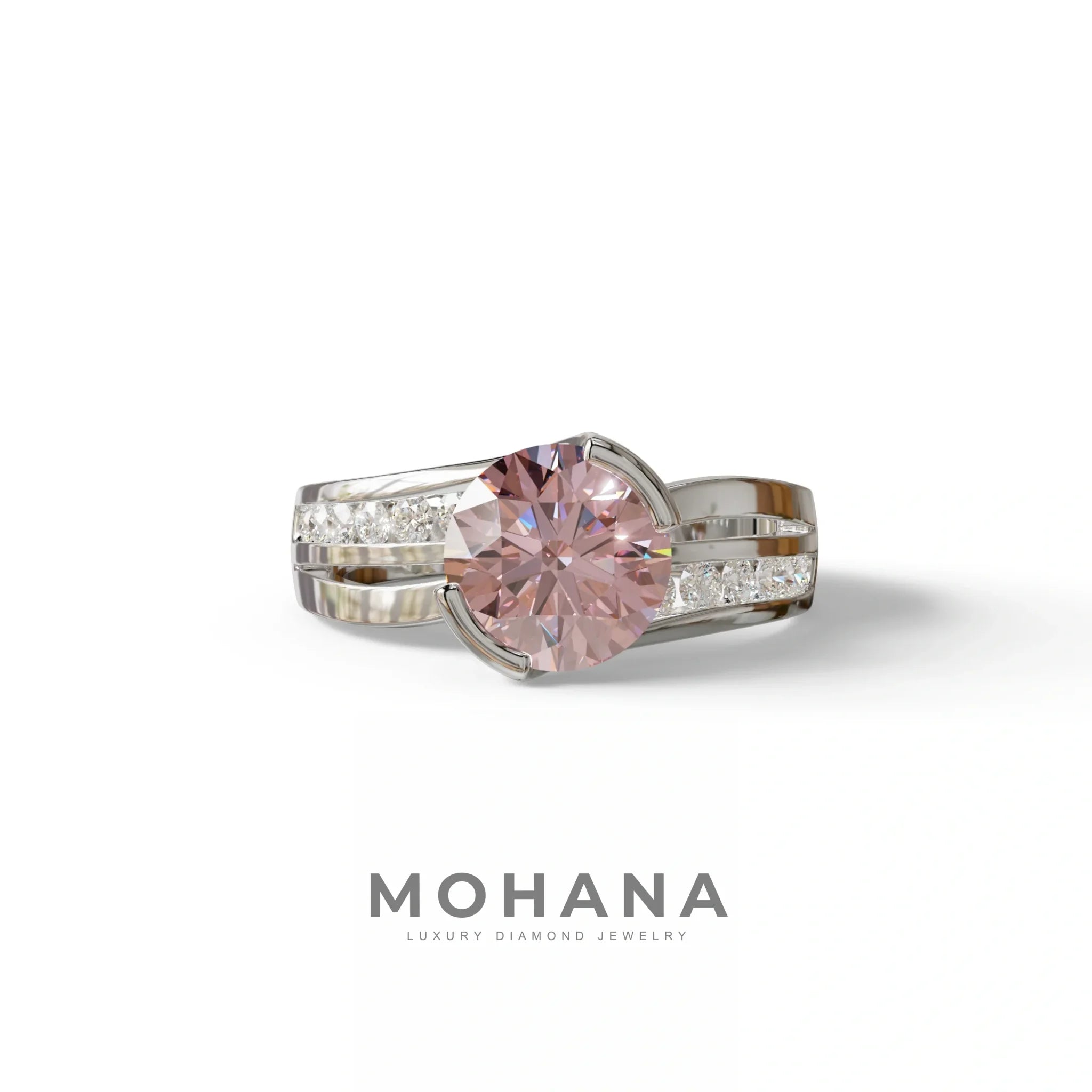 2 Carat Pink Round Shaped Channel Set Lab Diamond Engagement Ring - Avonlea - 10K Solid Gold / White Gold